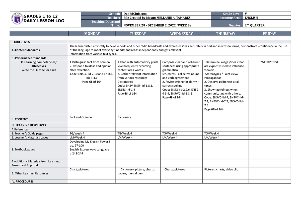 DLL English 5 Q2 W4 - DLL - GRADES 1 To 12 DAILY LESSON LOG School ...