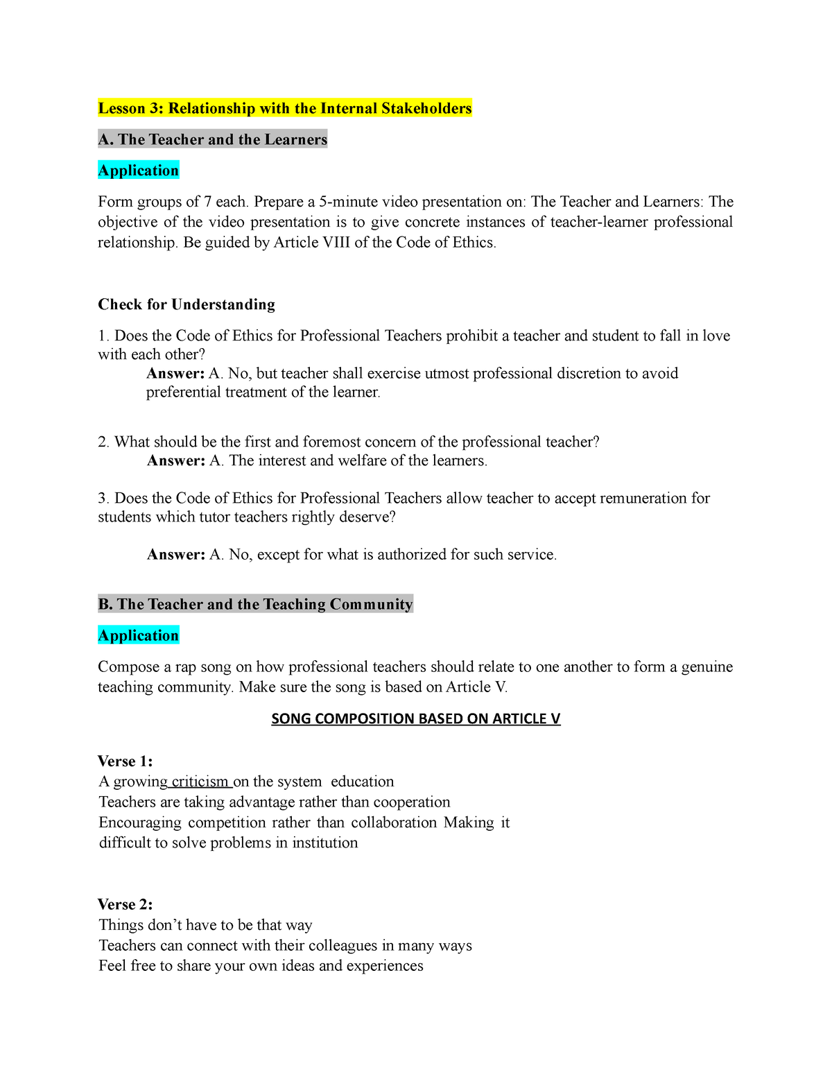 Answersheet Lesson 3 Relationship With The Internal Stakeholders Lesson 3 Relationship With The Studocu