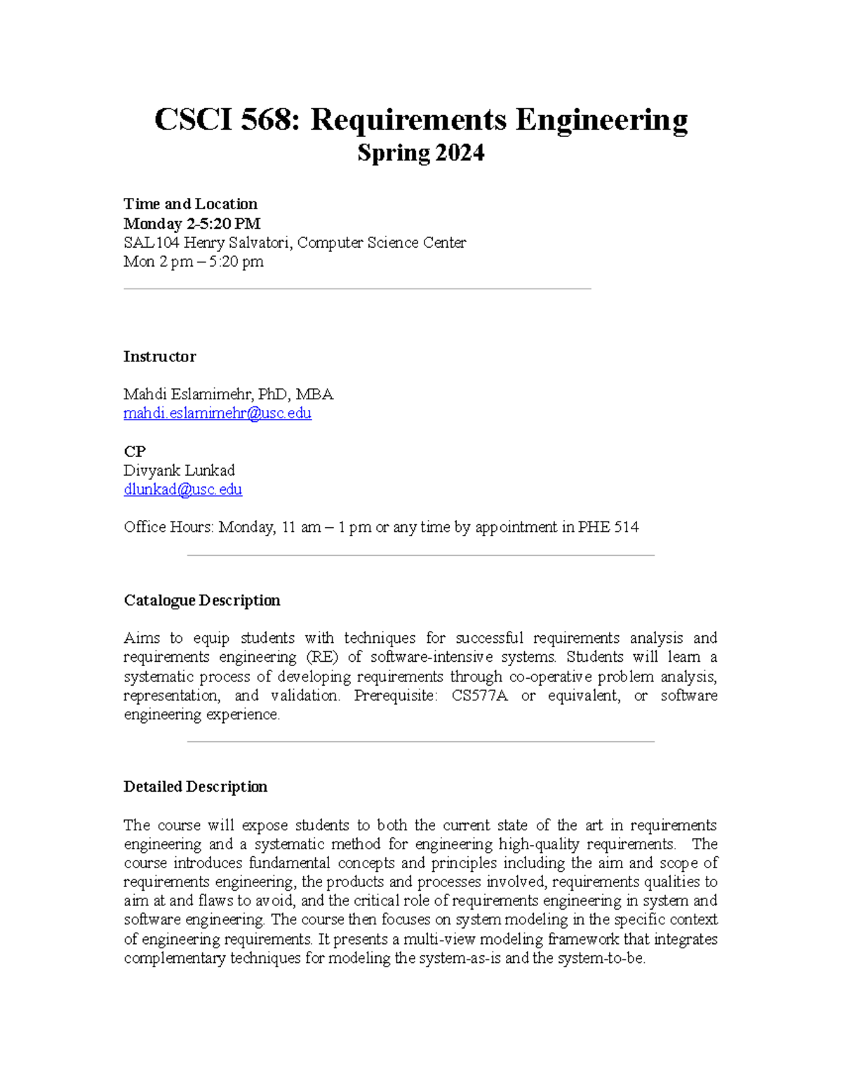 Syllabus CSCI 568 Requirements Engineering CSCI 568 Requirements