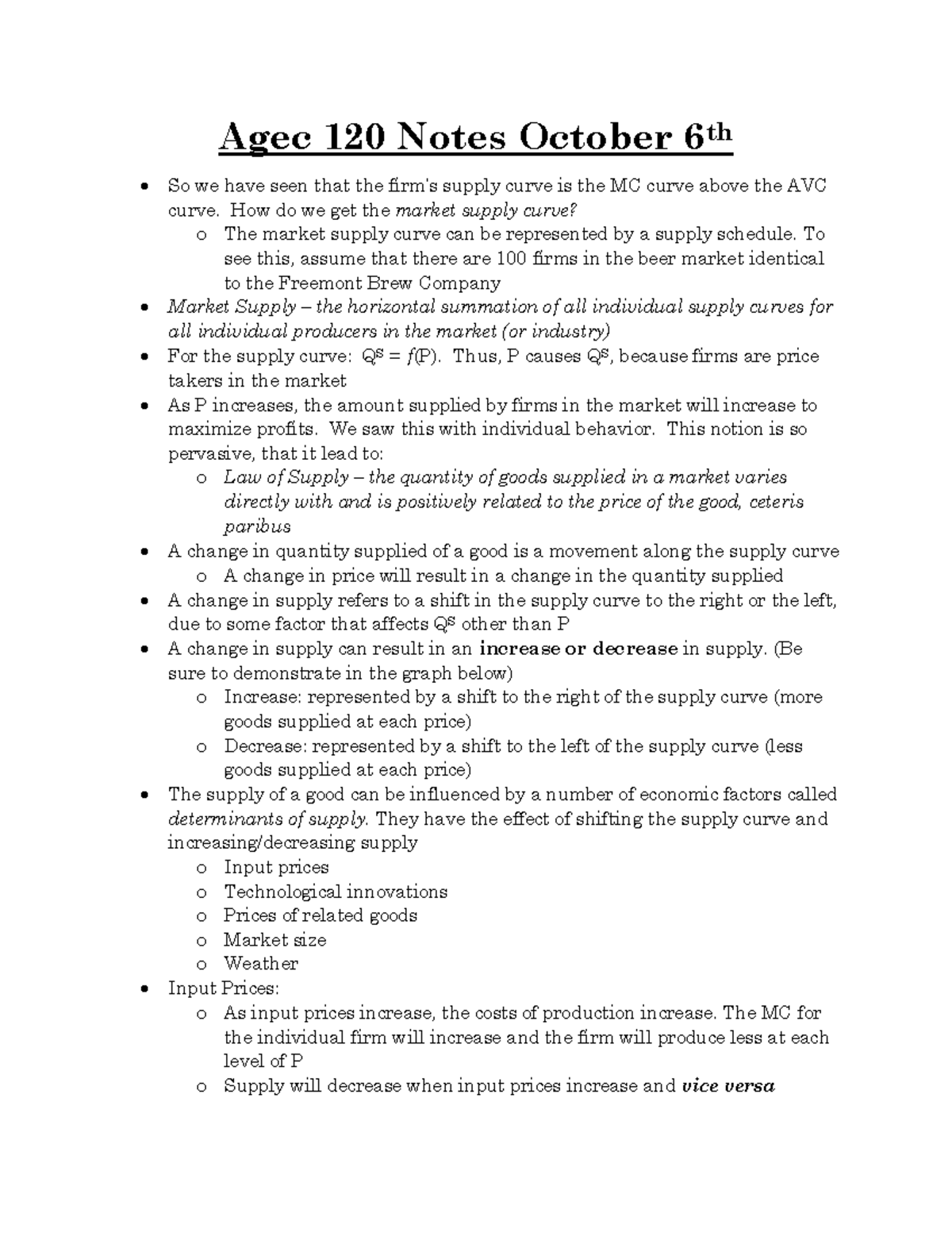 Agec 120 Notes October 6th - How do we get the market supply curve? o ...