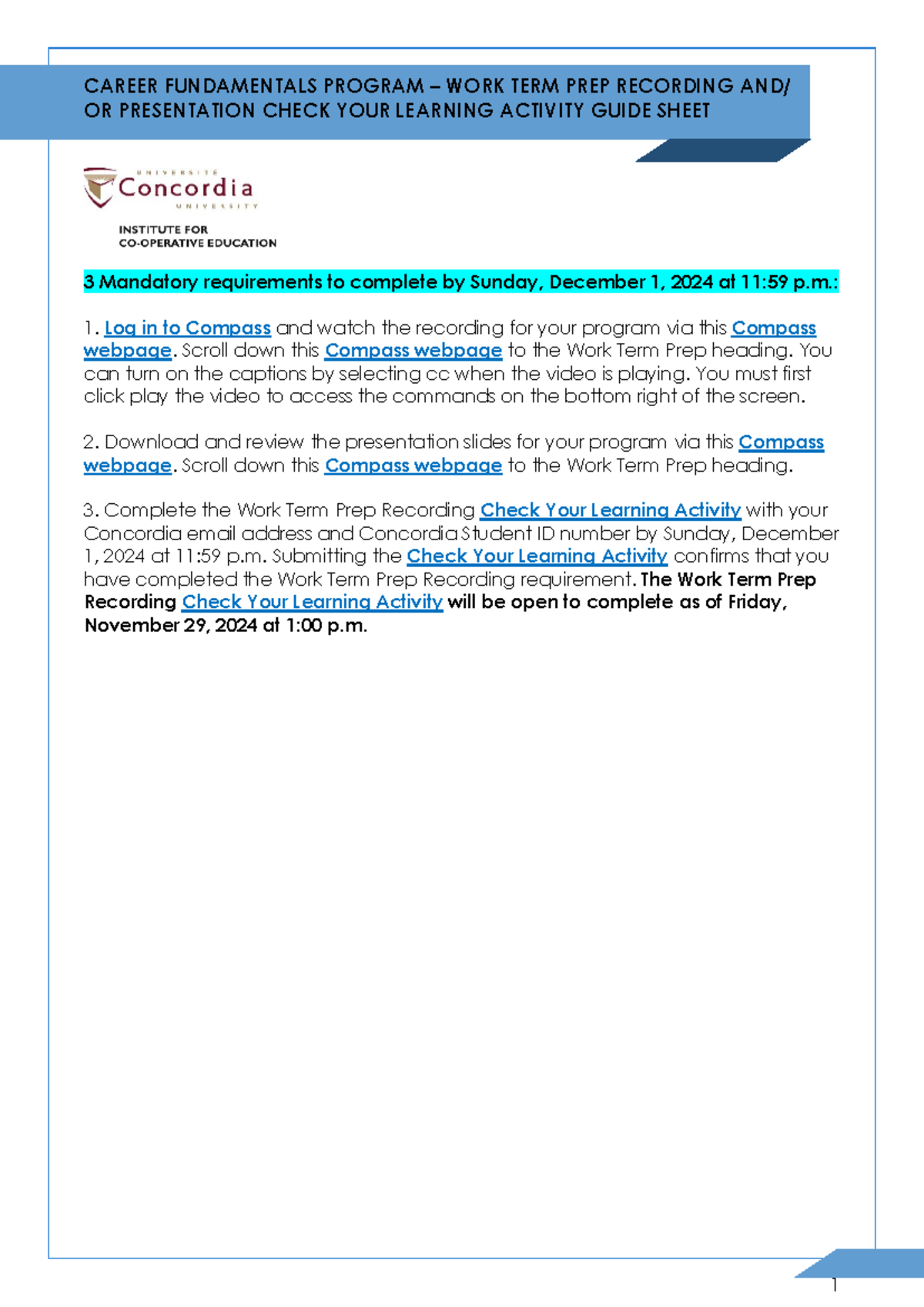 Institute Career Fundamentals Program - Work Term Prep Check Your ...