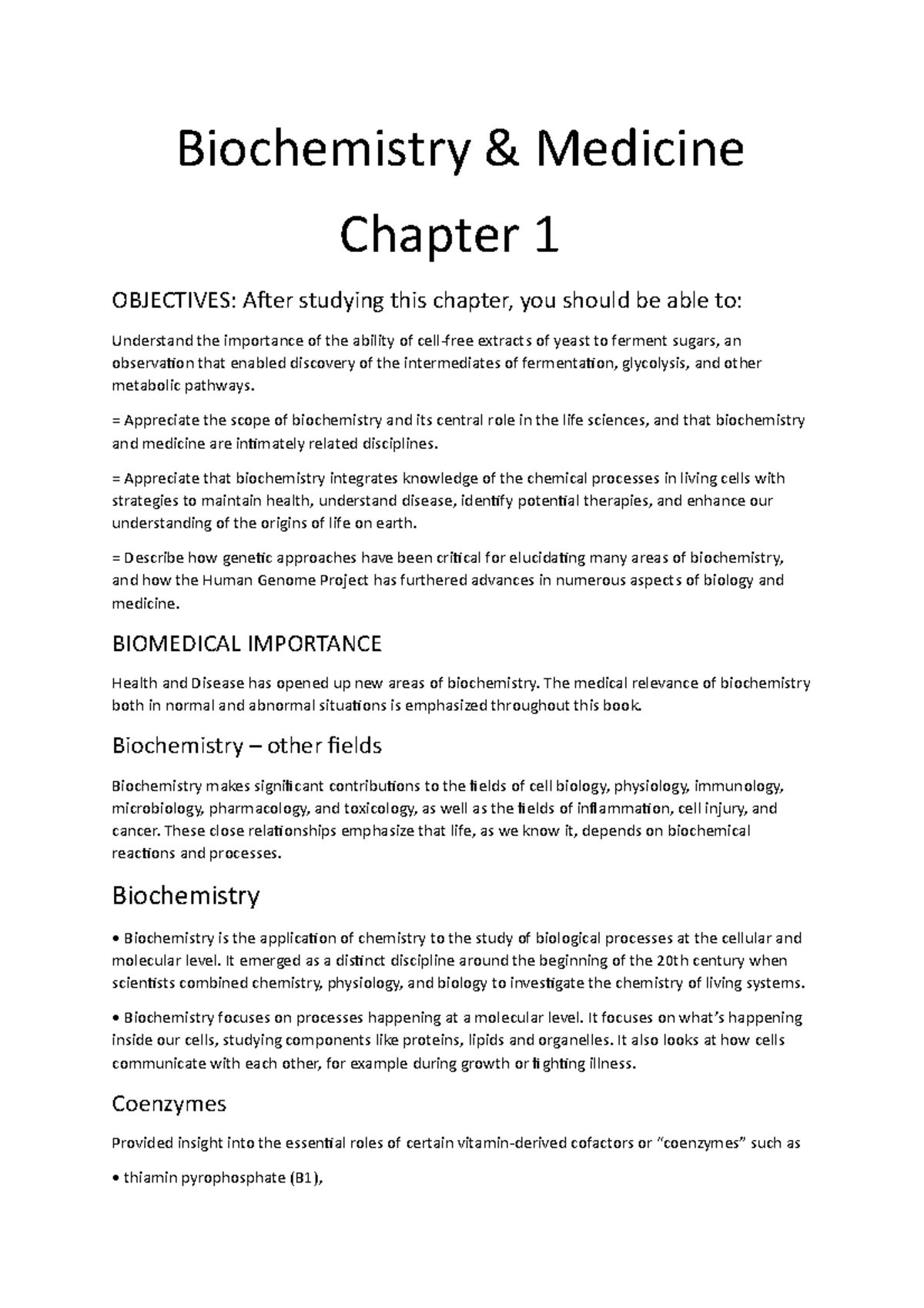 Biochemistry chapter 1 - Biochemistry & Medicine Chapter 1 OBJECTIVES ...