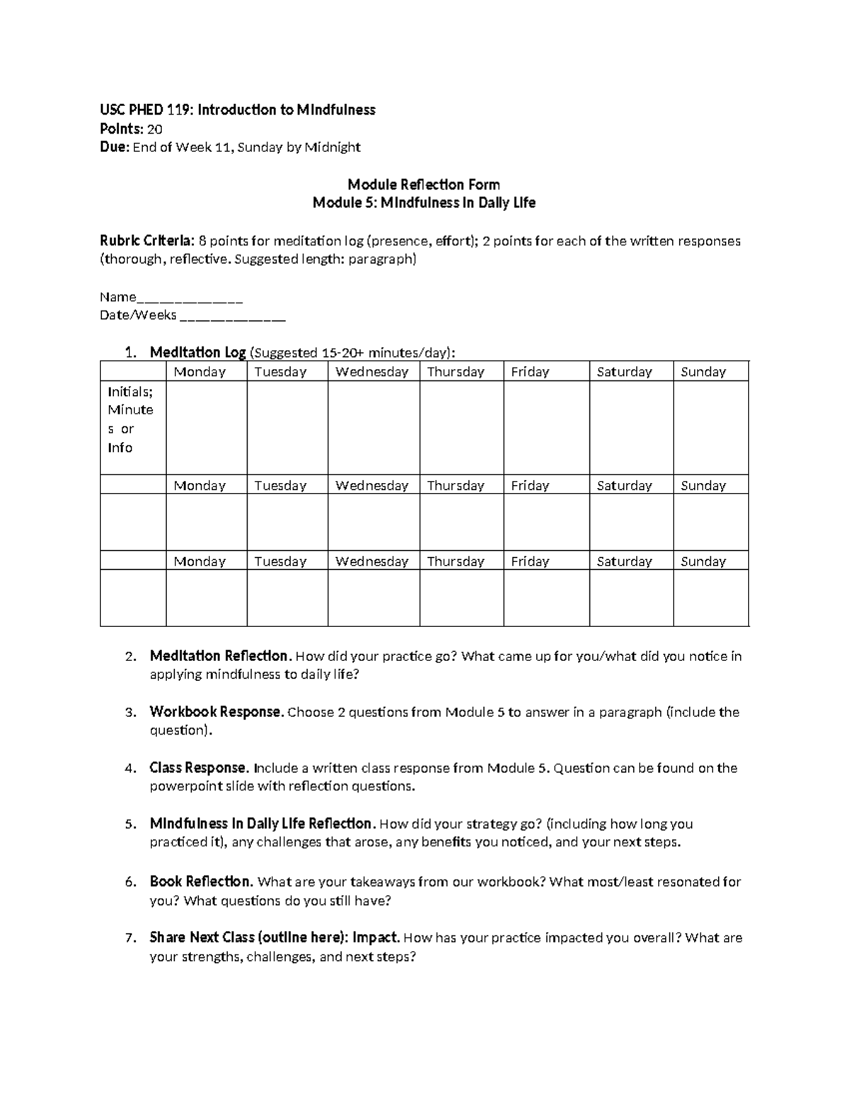 Module 5 Reflection Form - USC PHED 119: Introduction to Mindfulness ...