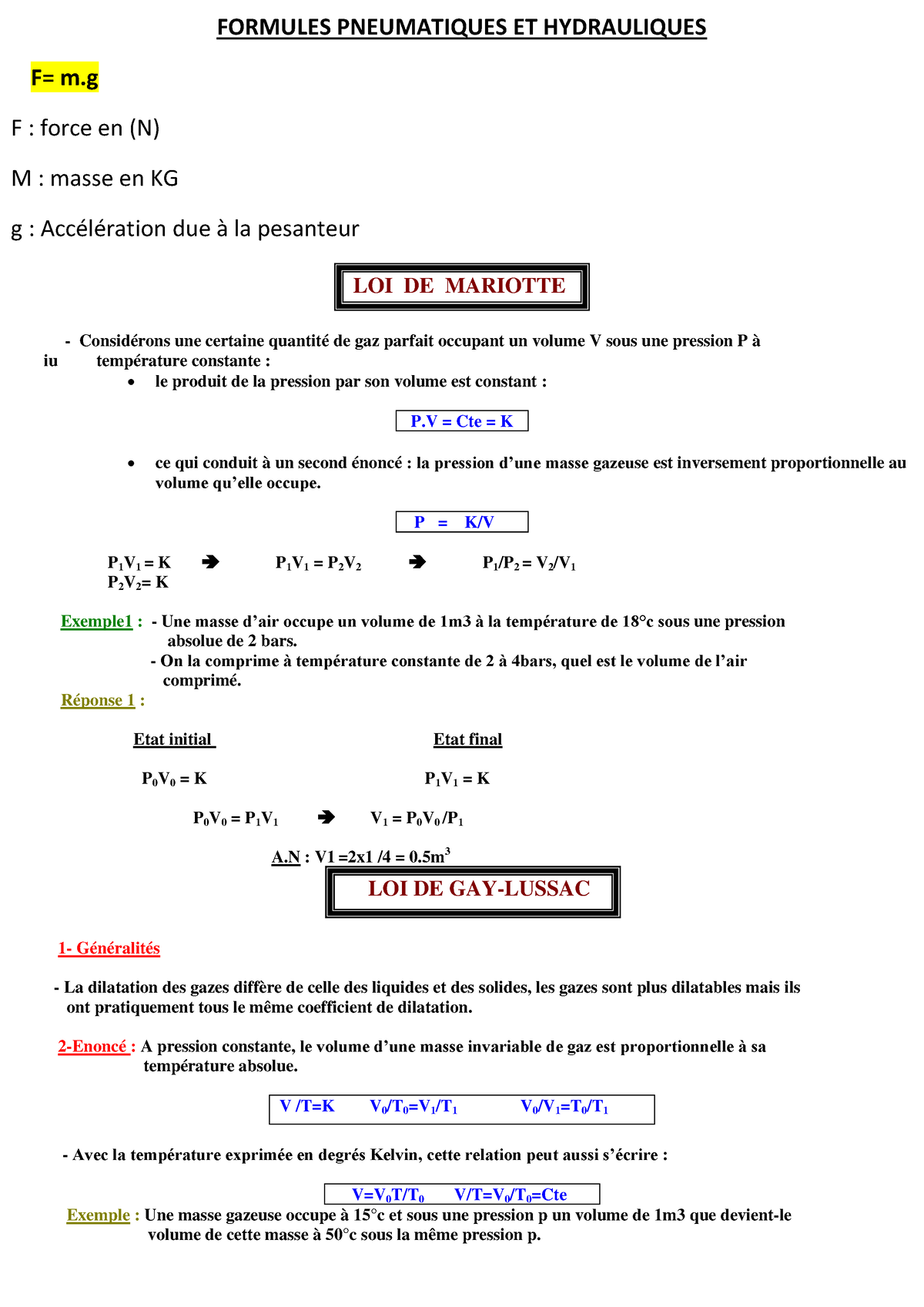 Formules Pneumatiques Formules Pneumatiques Et Hydrauliques F M F Force En N M Masse En