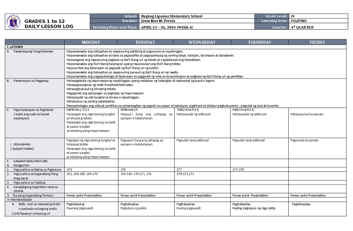 DLL Filipino 4 Q4 W4 - GRADES 1 to 12 DAILY LESSON LOG School: Bagong ...