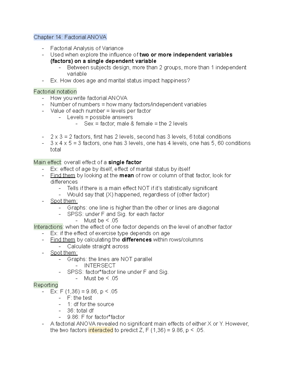 PBSI 301 Final Notes - Chapter 14: Factorial ANOVA Factorial Analysis ...