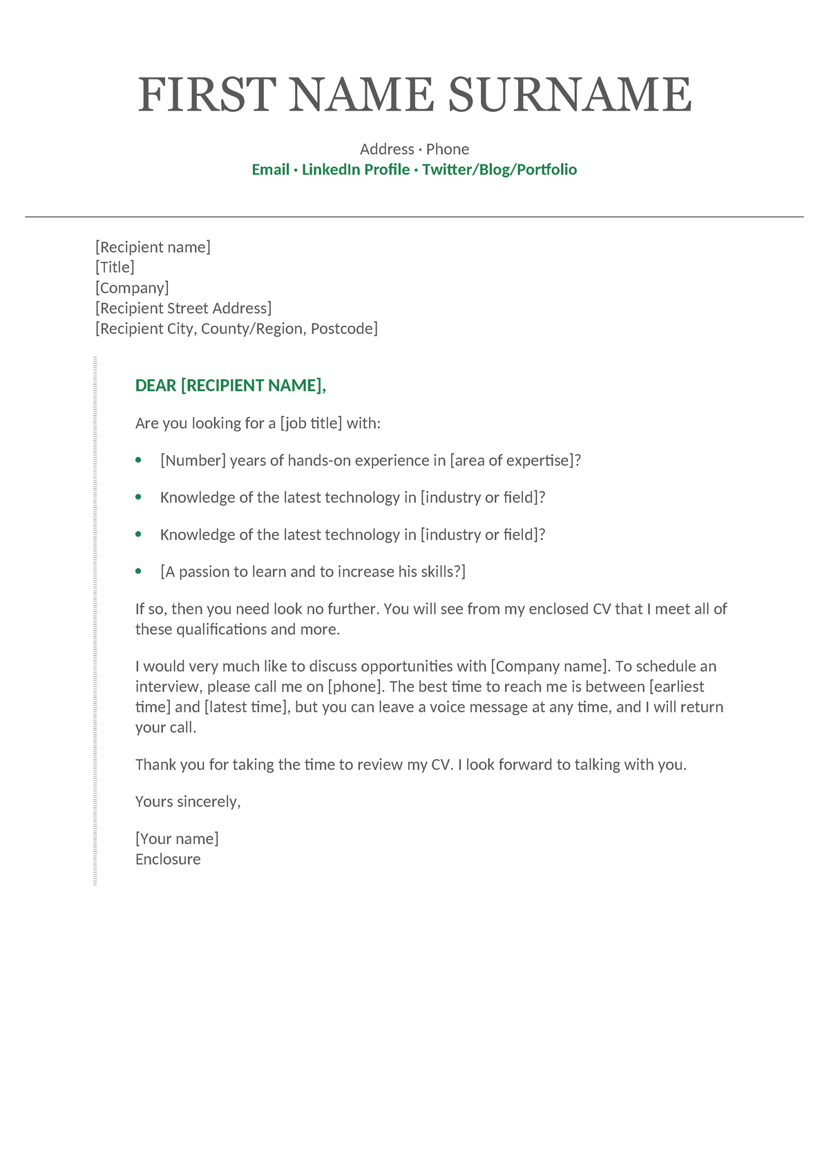 Modern chronological cover letter - FIRST NAME SURNAME Address · Phone ...