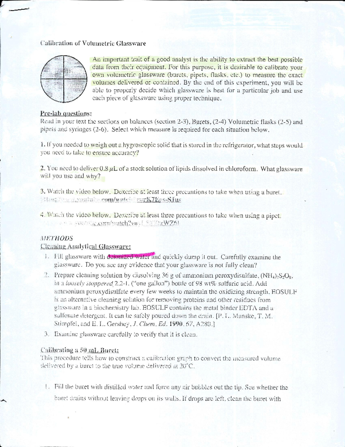 Analytical Chem Fall 2021 Calibration of Volumetric Glassware Lab 1