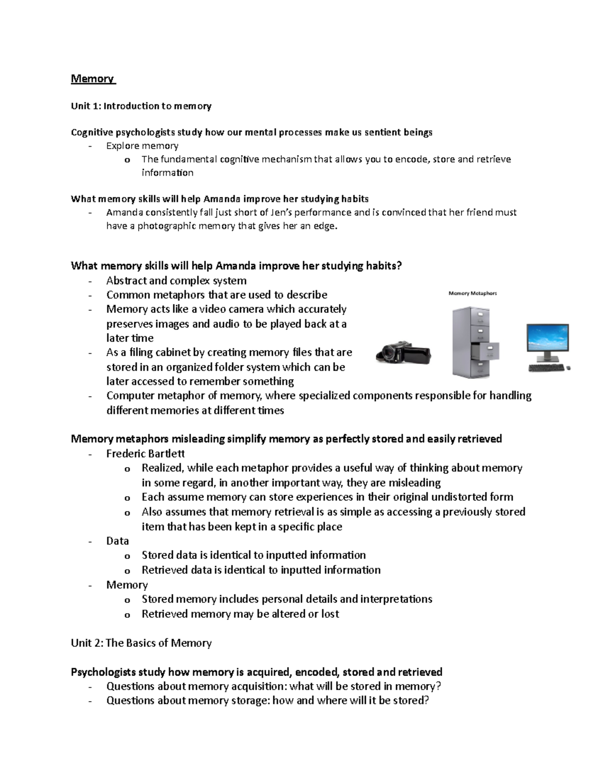 Memory - Prof: Dr. Kim - Memory Unit 1: Introduction to memory ...