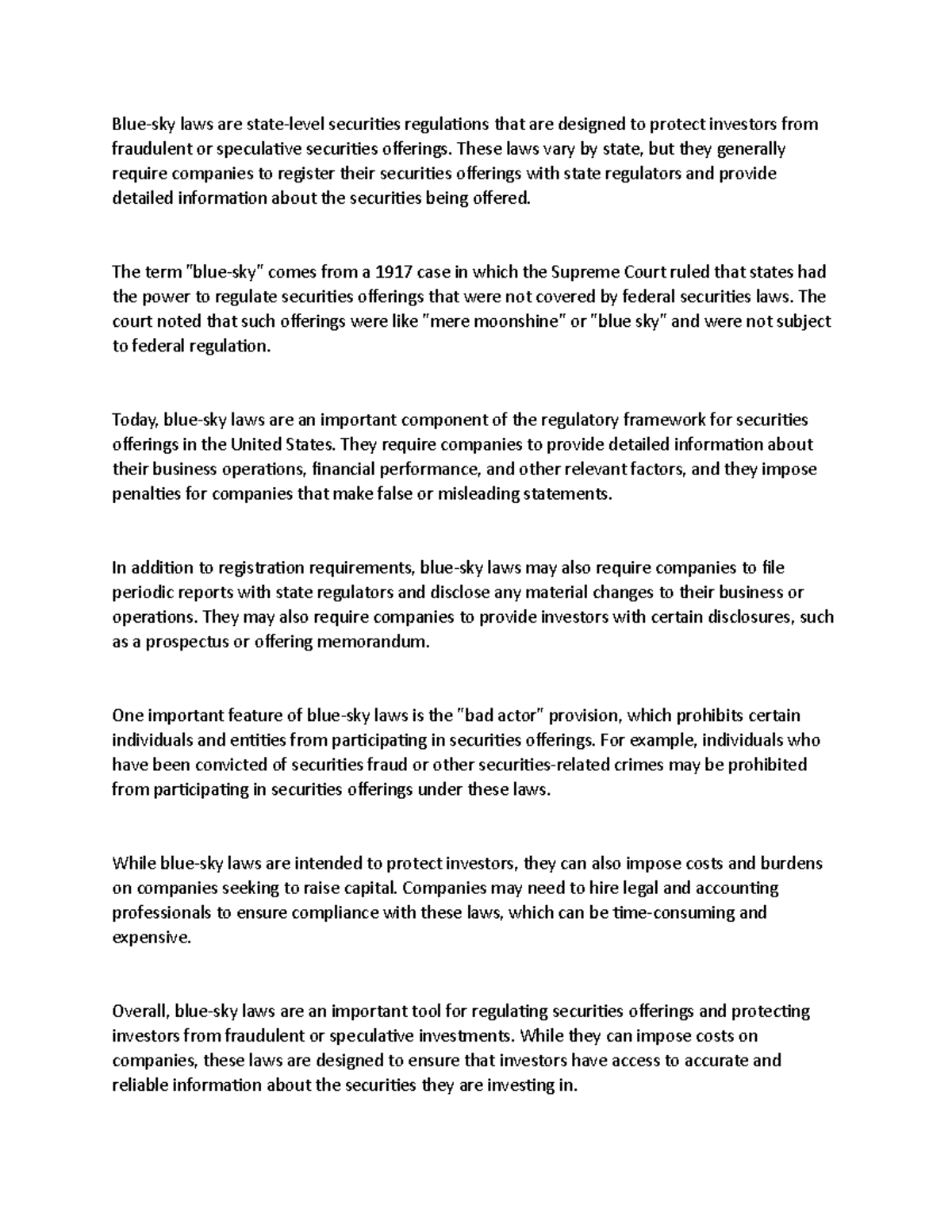 Explain what is meant by bluesky laws Bluesky laws are statelevel securities regulations