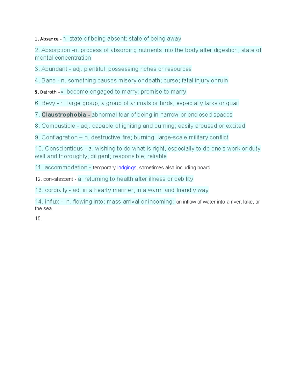 Spelling Words and Definitions - 1. Absence - n. state of being absent ...