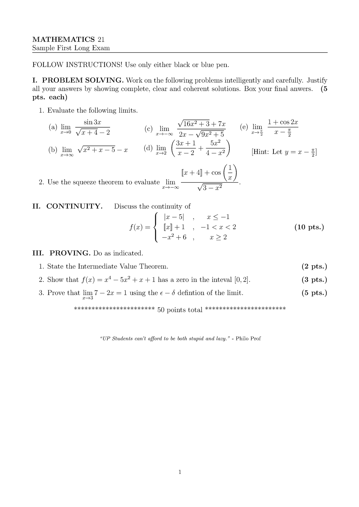 Math 21 Sample 1st Exam - Hahahaha - MATHEMATICS 21 Sample First Long ...