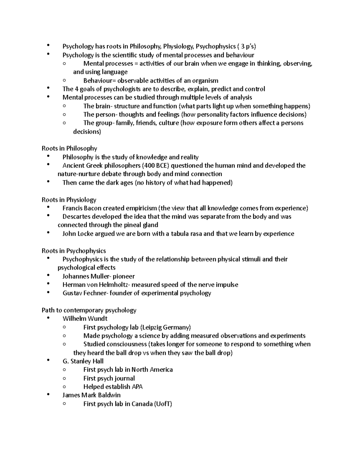 Psych unit 1 notes - Psychology has roots in Philosophy, Physiology ...