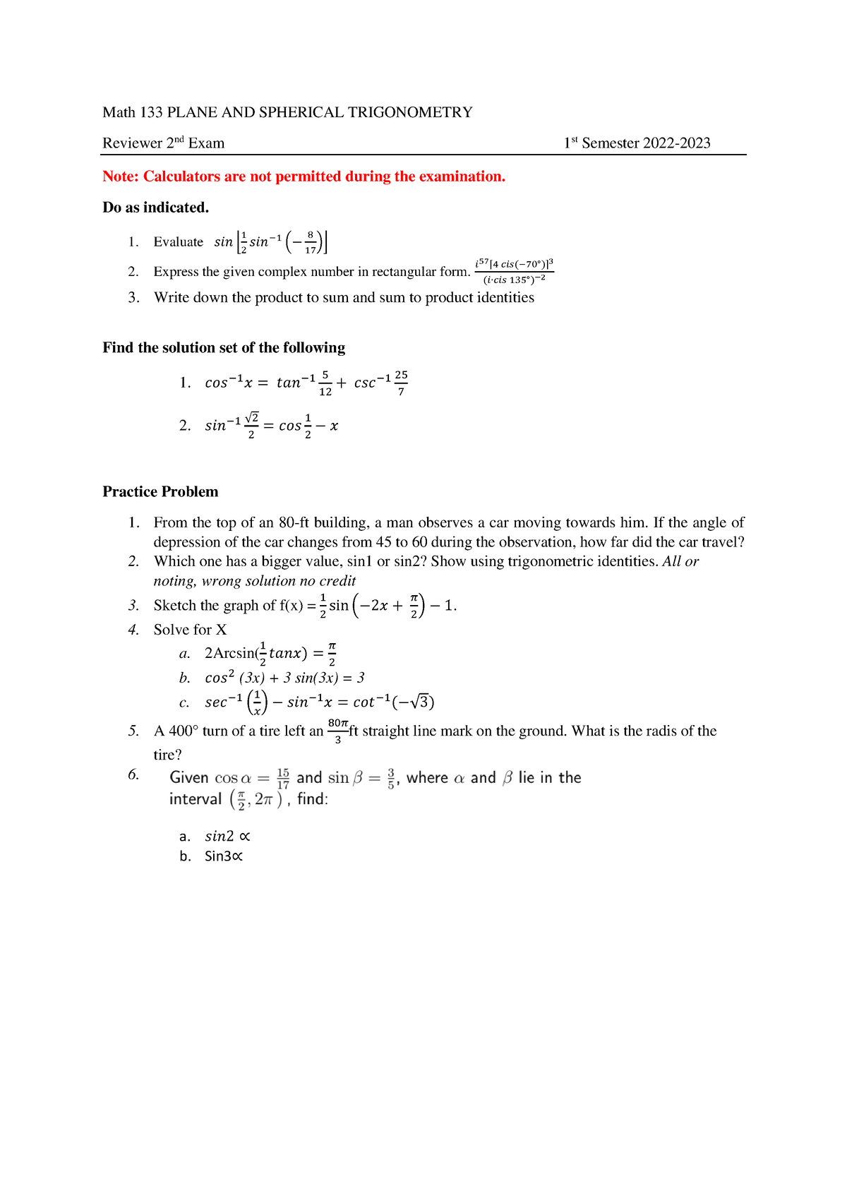 133 Trigo Reviewer - Math 133 PLANE AND SPHERICAL TRIGONOMETRY Reviewer ...