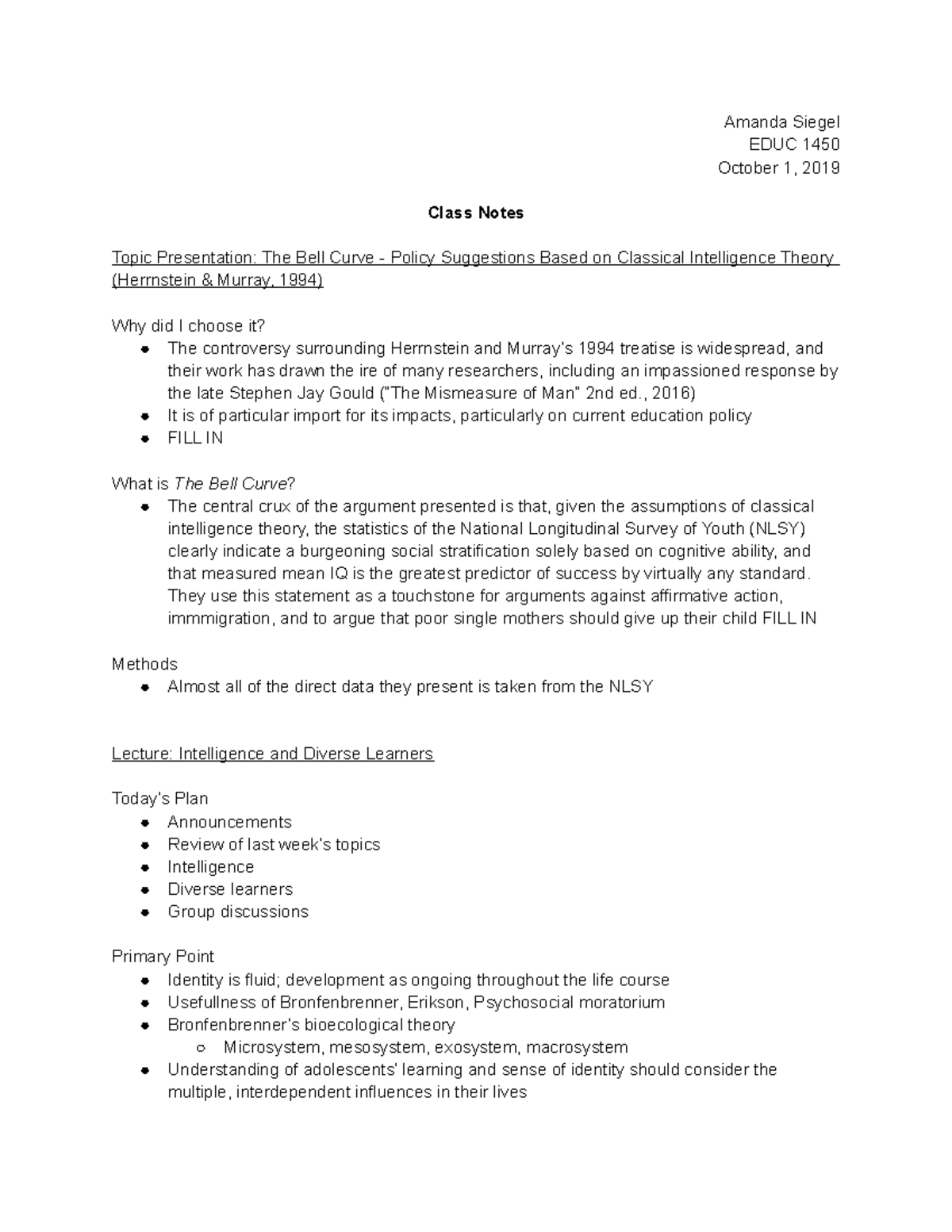 10/1 Class Notes - Professor Yoko Yamamoto - Amanda Siegel EDUC 1450 ...