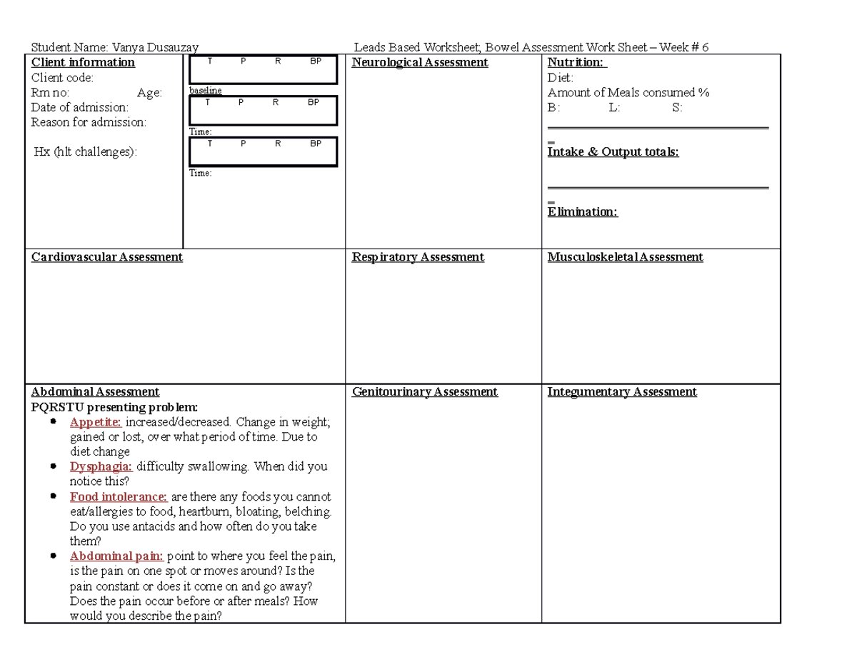Abdominal Worksheet - Health Assessment - Client information Client ...