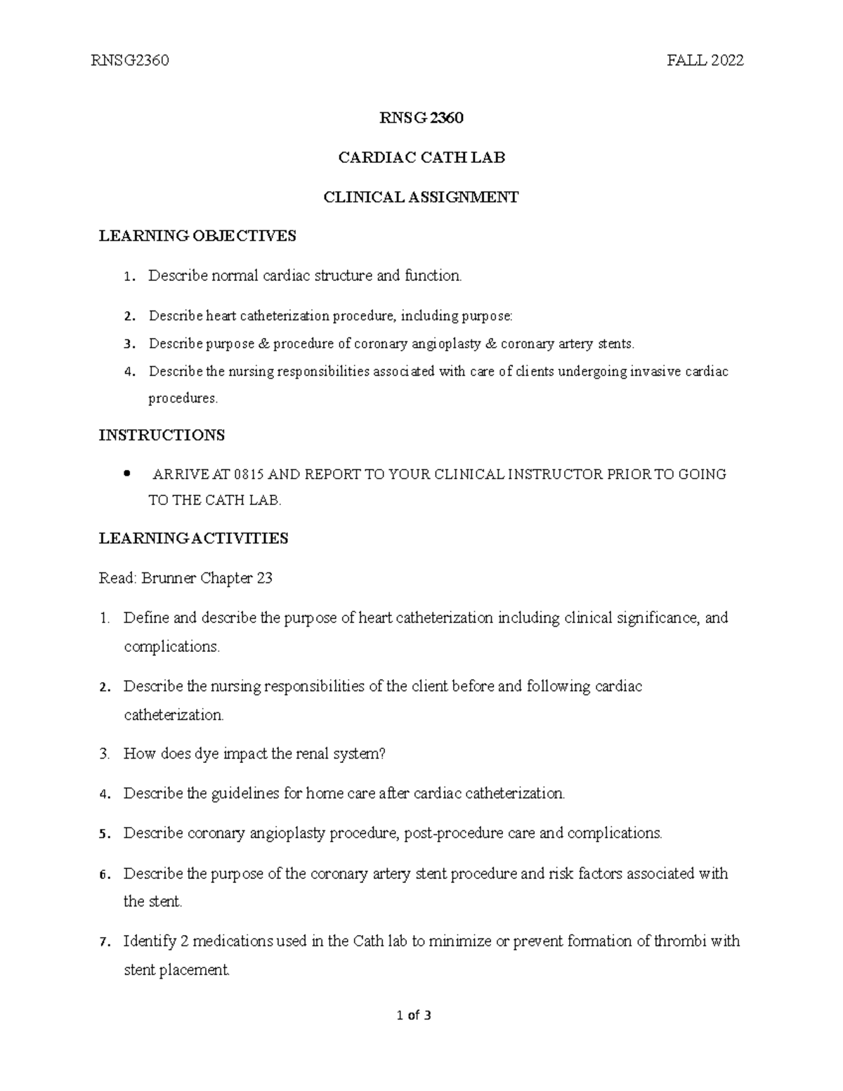 Cath Lab 2360 Clinical cath lab information RNSG2360 FALL 2022 RNSG