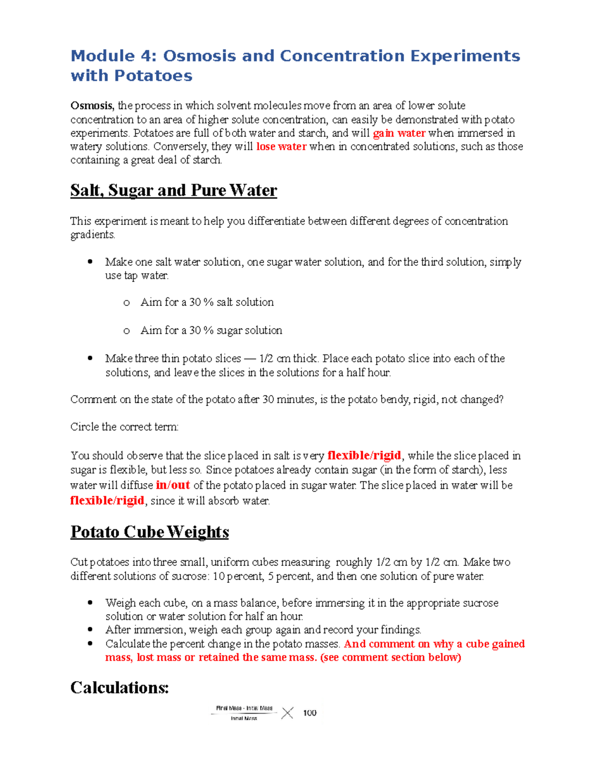 Mod 4 osmosis with potatoes experiment Module 4 Osmosis and