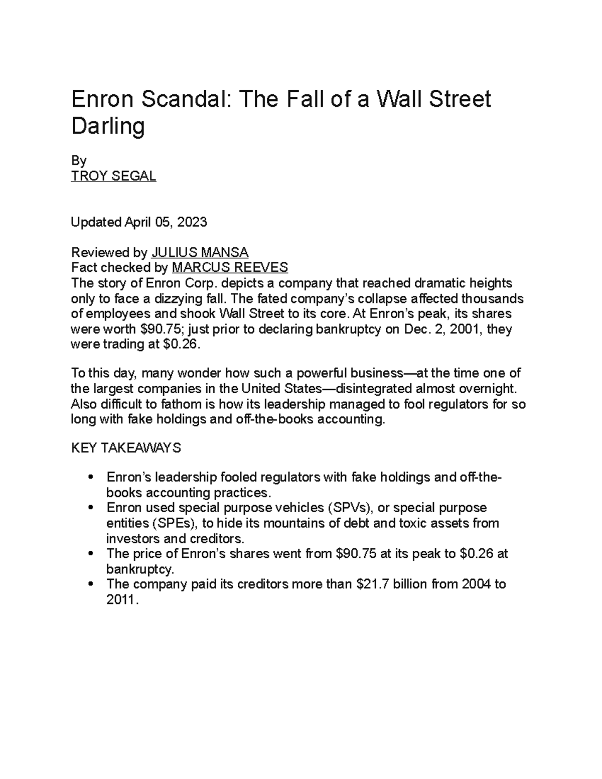 Enron Case Study-1 - Enron Scandal: The Fall Of A Wall Street Darling ...