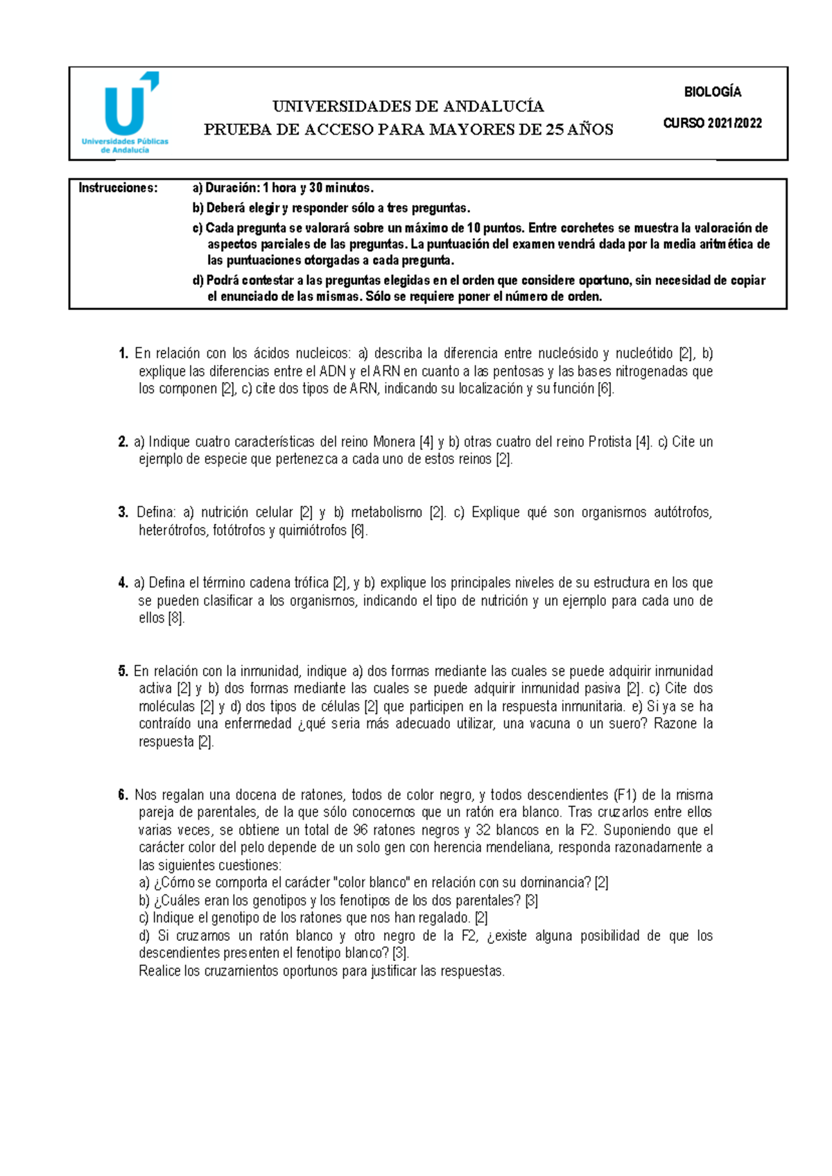 Biolog (Examen B) - Examen De Selectividad Andalucía - UNIVERSIDADES DE ...