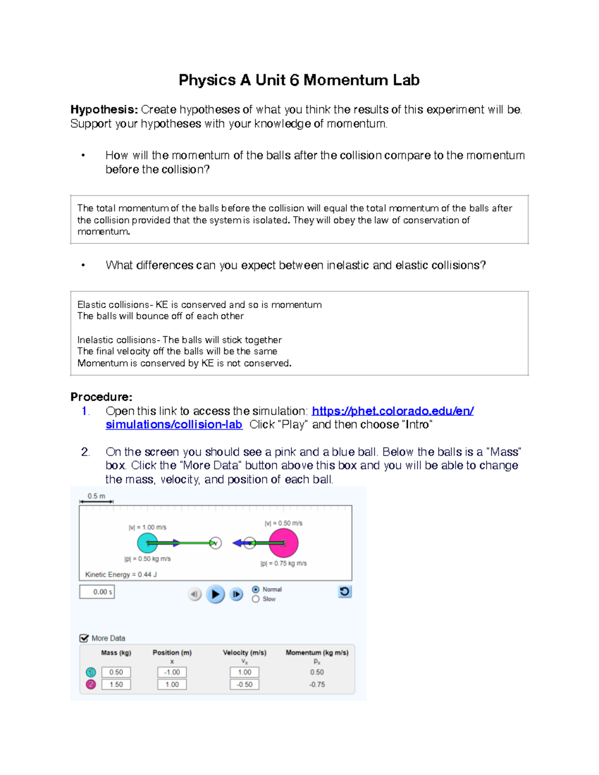 Physics Unit 6 Momentum Lab Physics A Unit 6 Momentum Lab Hypothesis