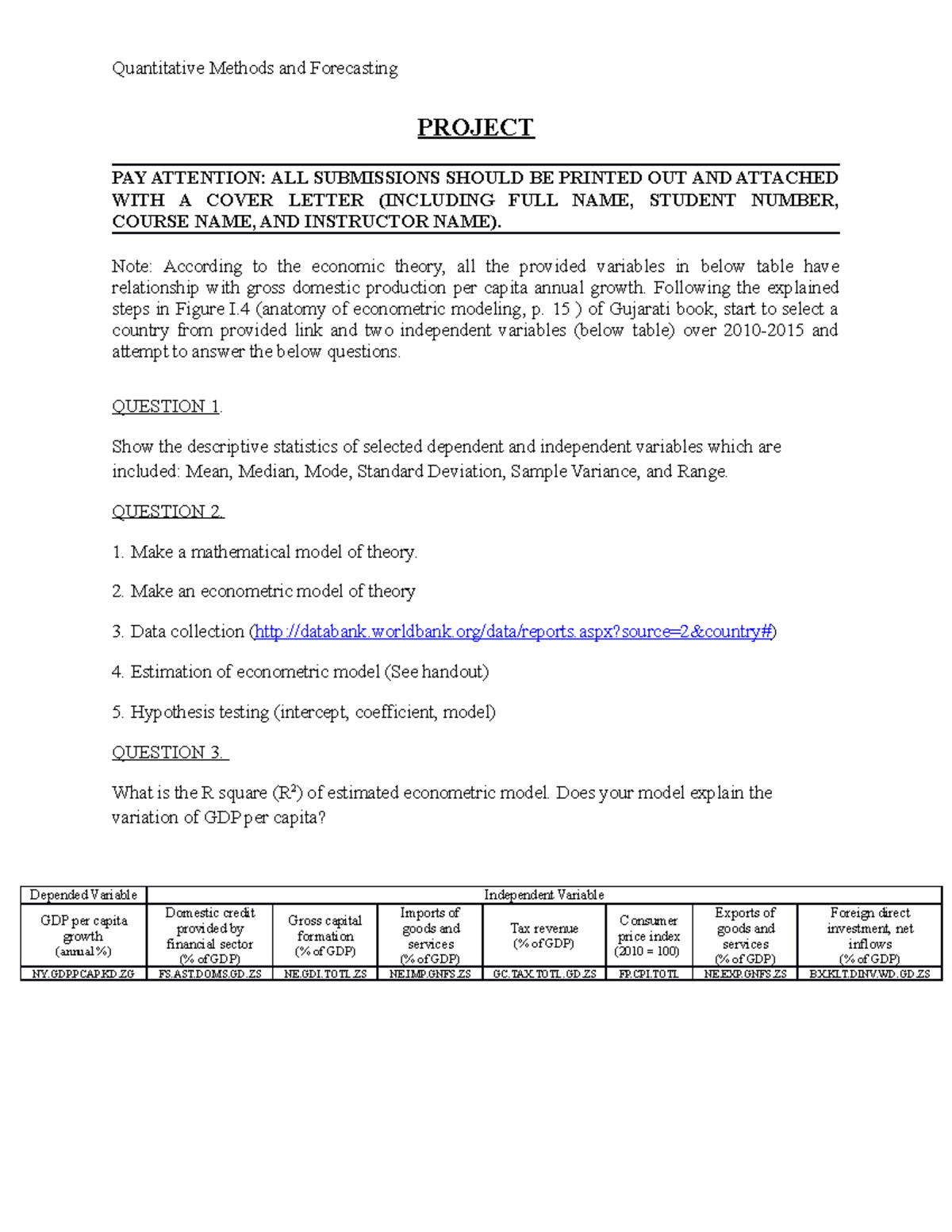 Project, qunatitiave methods - Quantitative Methods and Forecasting ...
