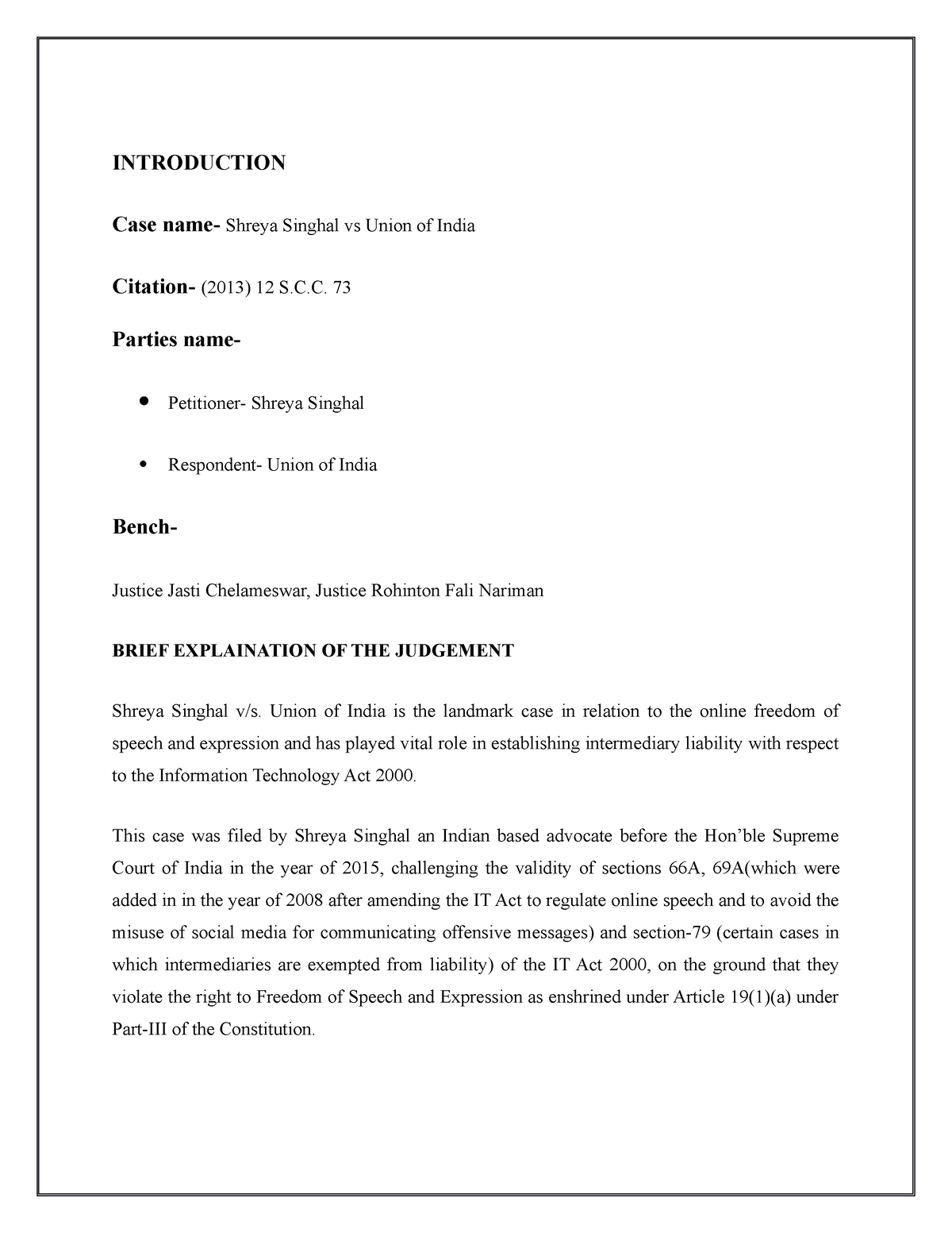 CASE Analysis - SHREYA SINGHAL V UNION OF INDIA - INTRODUCTION Case ...