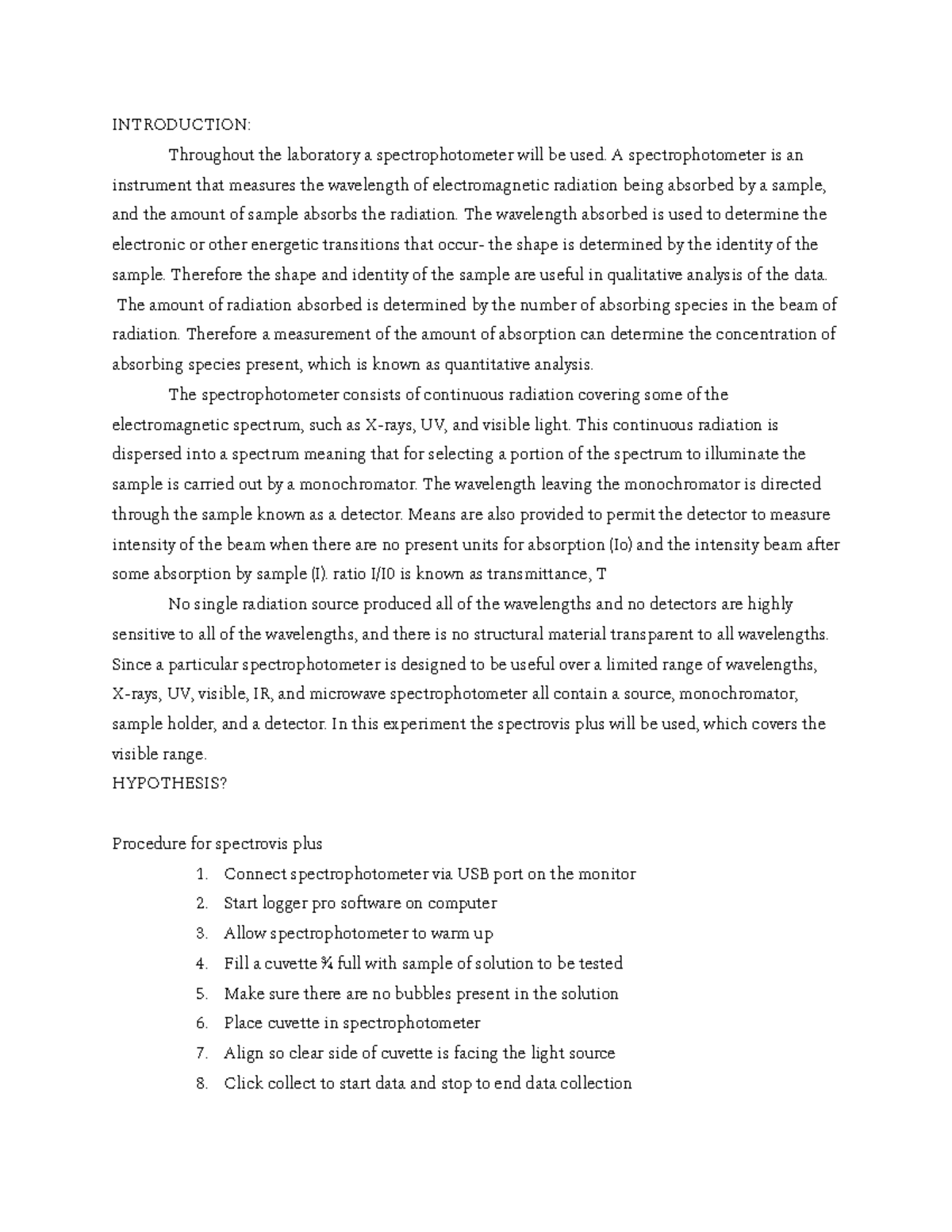 Lab Report Introduction to the principles of spectrophotometry