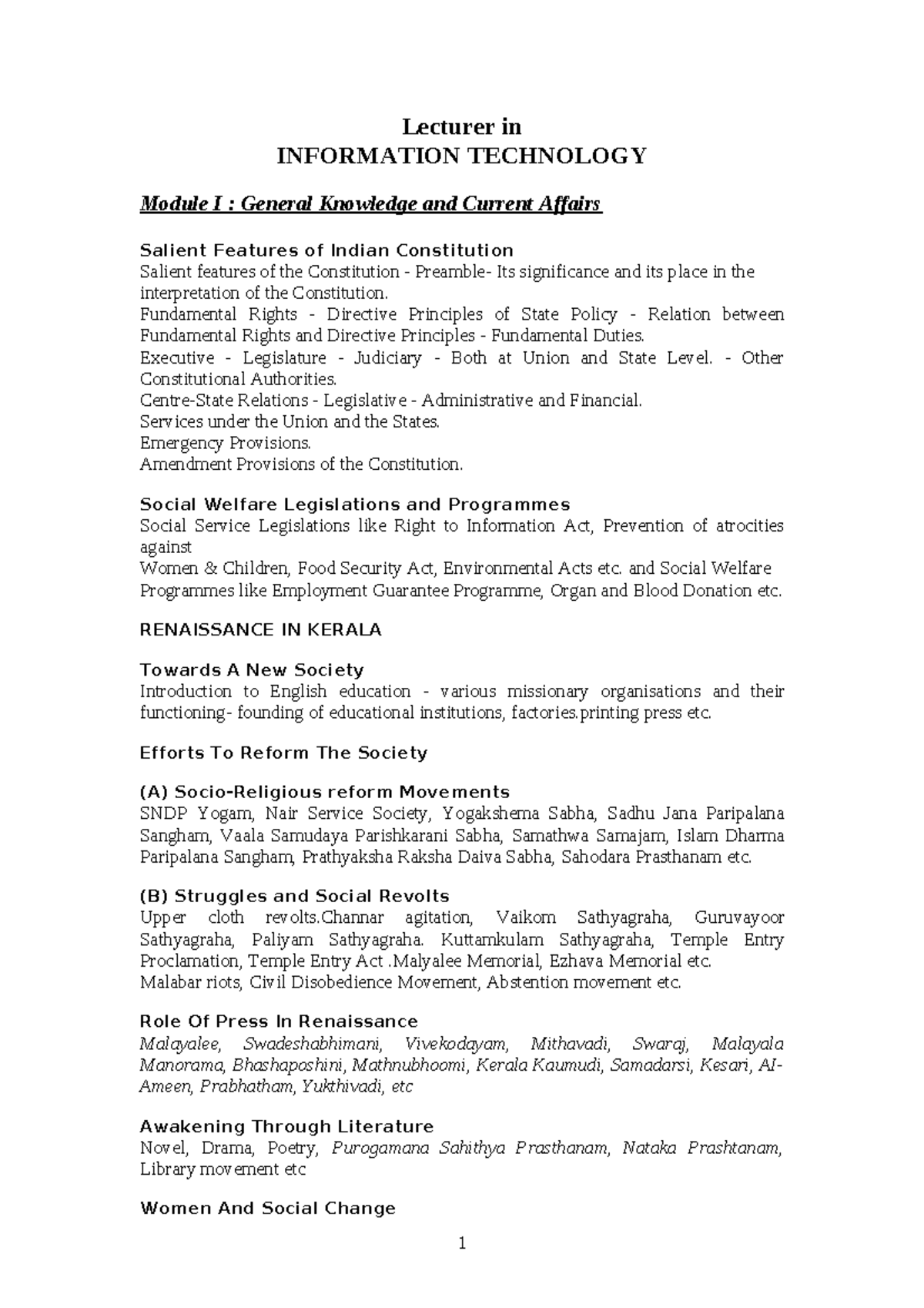 Information technology Lecturer in INFORMATION TECHNOLOGY Module I