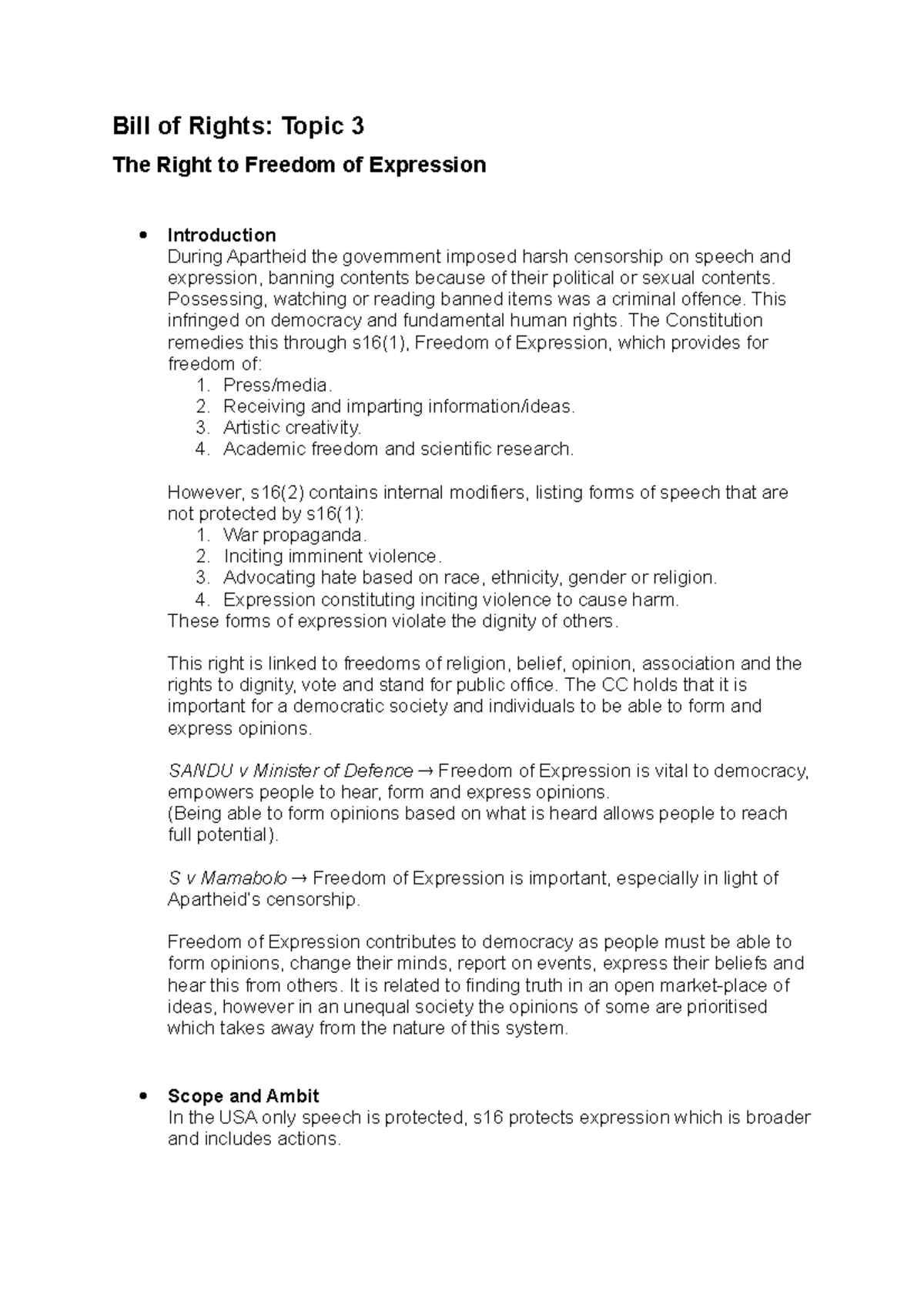 Constitutional law: Bill of Rights lecture notes and case summaries ...