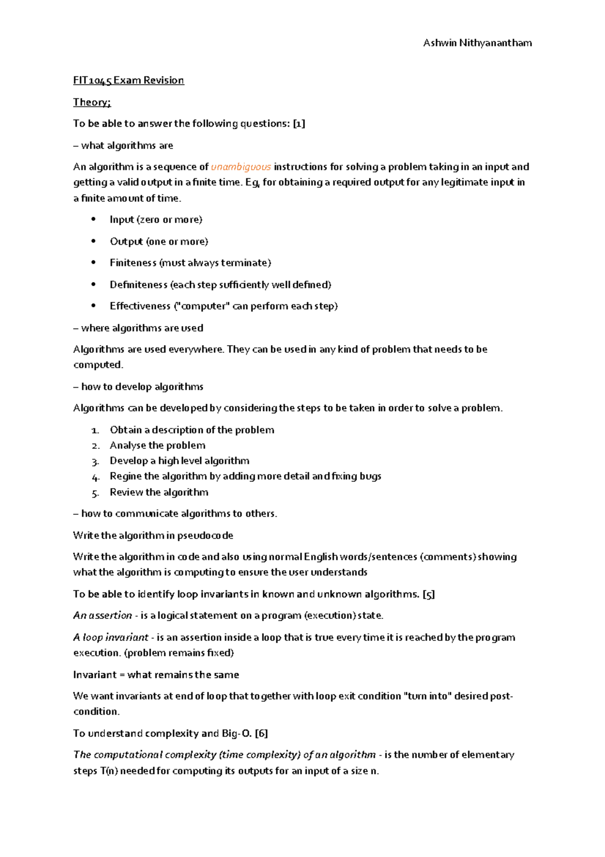 FIT1045 Exam Revision - Lecture notes 1-12 - CS-101 - Monash - Studocu