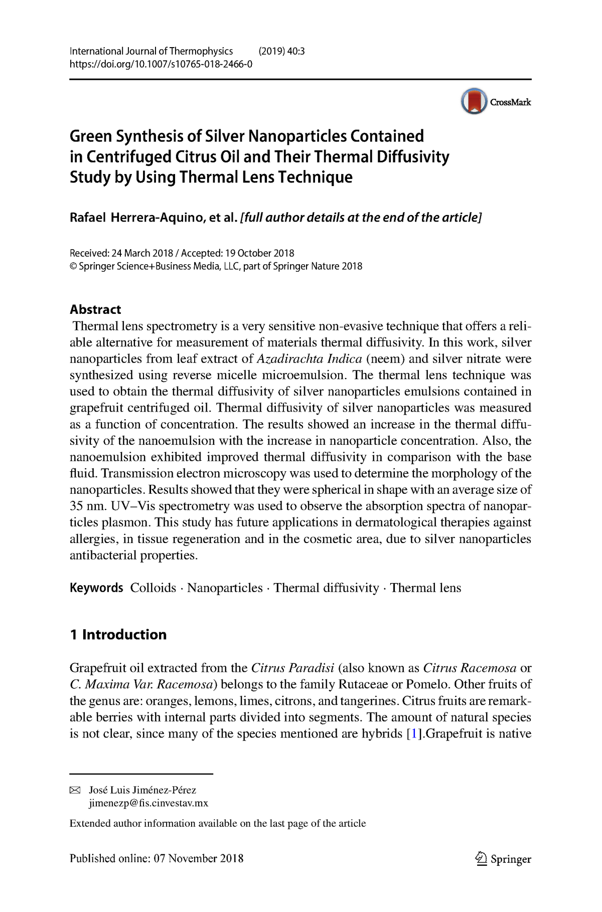 International Journal of Thermophysics (2019 ) 40(1)3, 1-10 ...