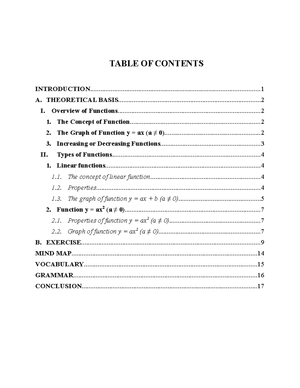 Function and type of function - TABLE OF CONTENTS - Studocu
