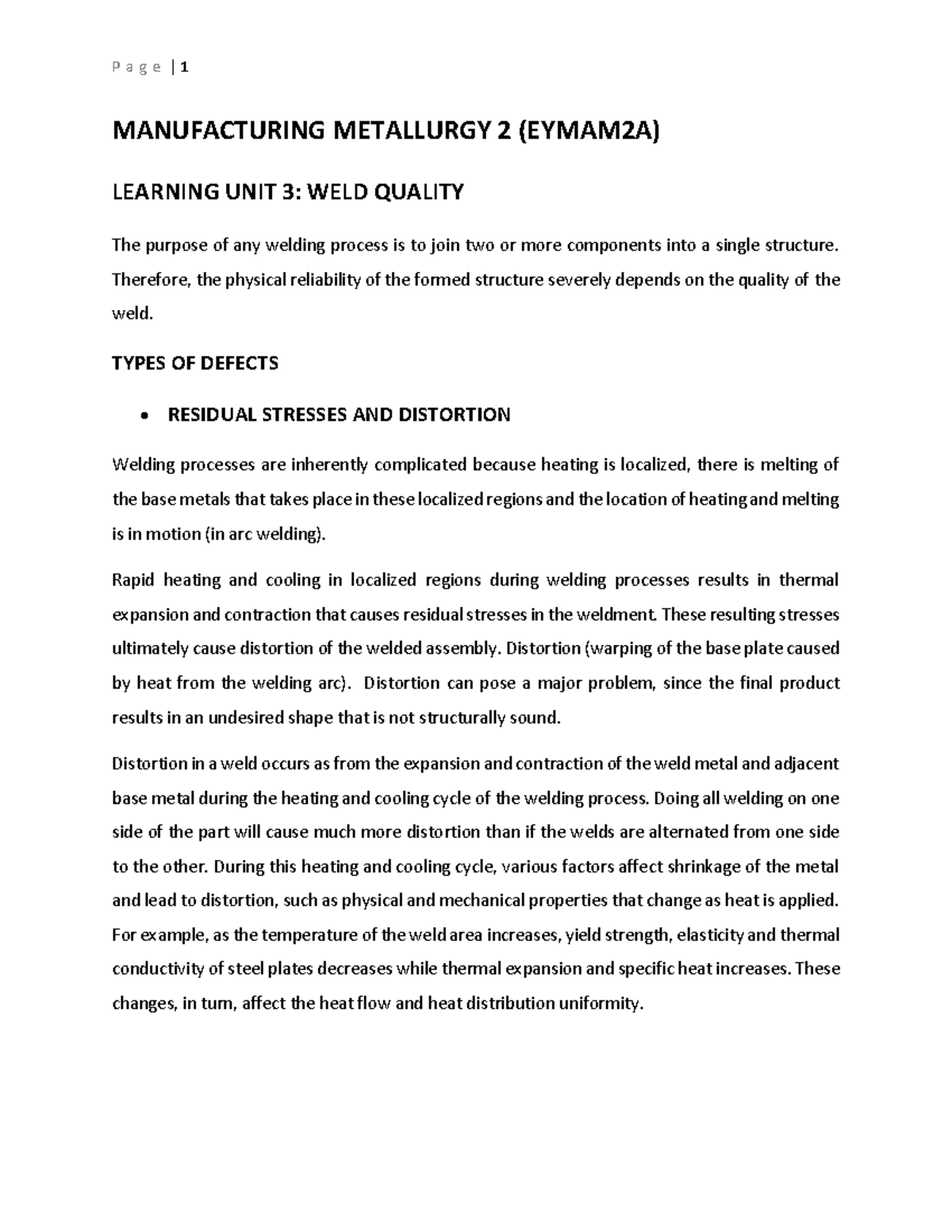 Learning Unit 3 Weld Quality Notes MANUFACTURING METALLURGY 2