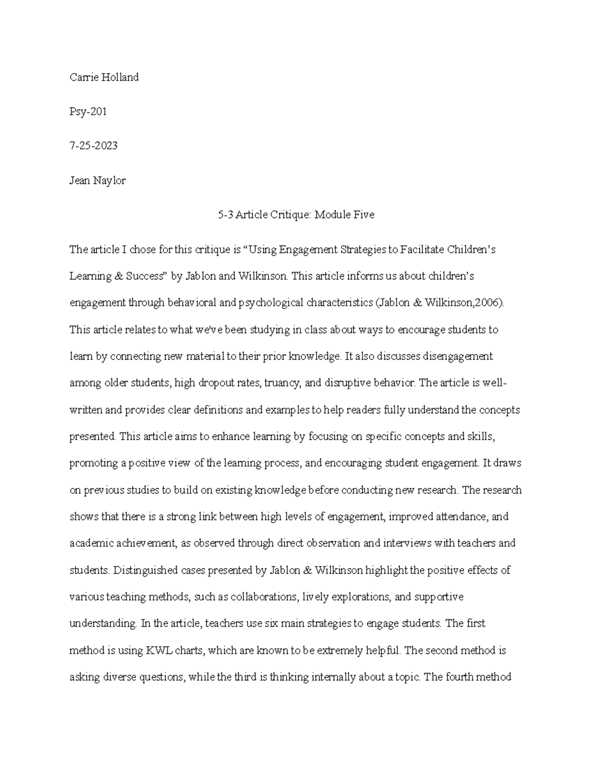 Psy 201 5-3 article - module five paper - Carrie Holland Psy- 7-25 ...