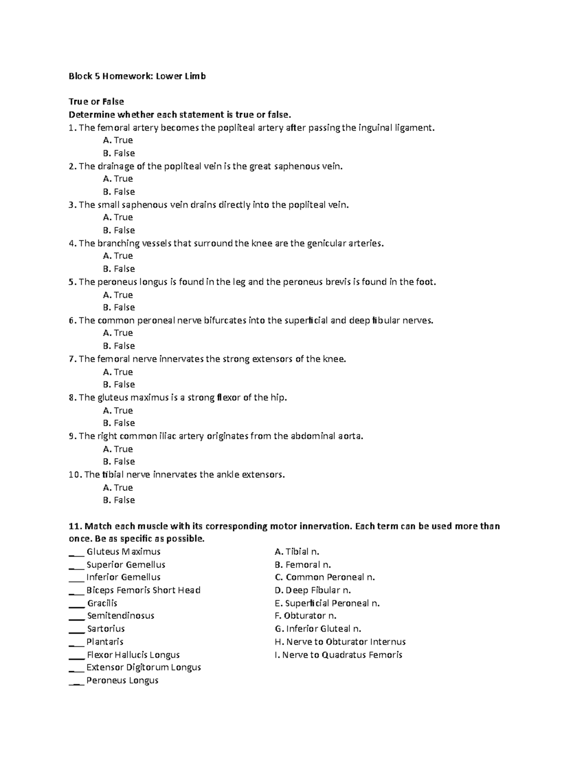 Lab Homework 5 - Lab Hw - Block 5 Homework: Lower Limb True Or False ...