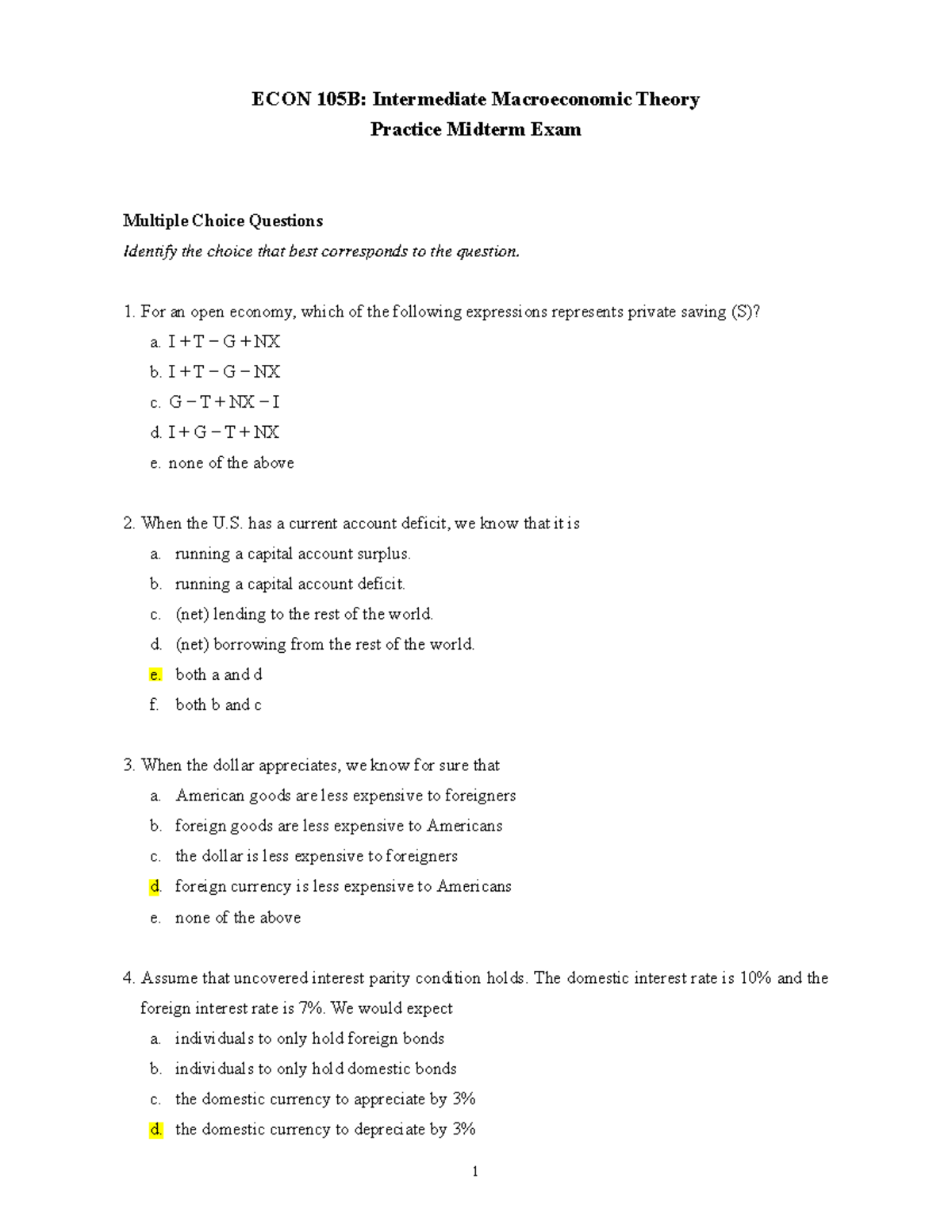 Midterm Practice Exam - Questions - ECON 105B: Intermediate ...