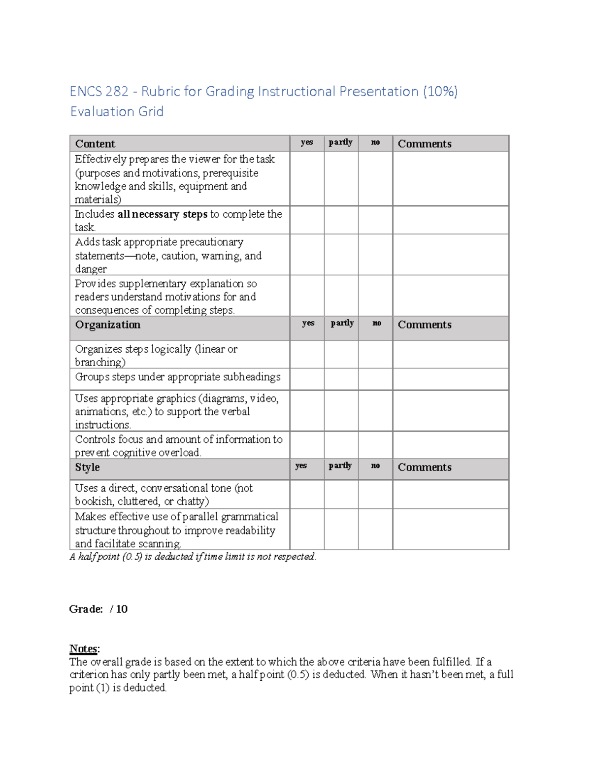 Assessment Rubric - Instructional Presentation - ENCS 282 - Rubric for ...