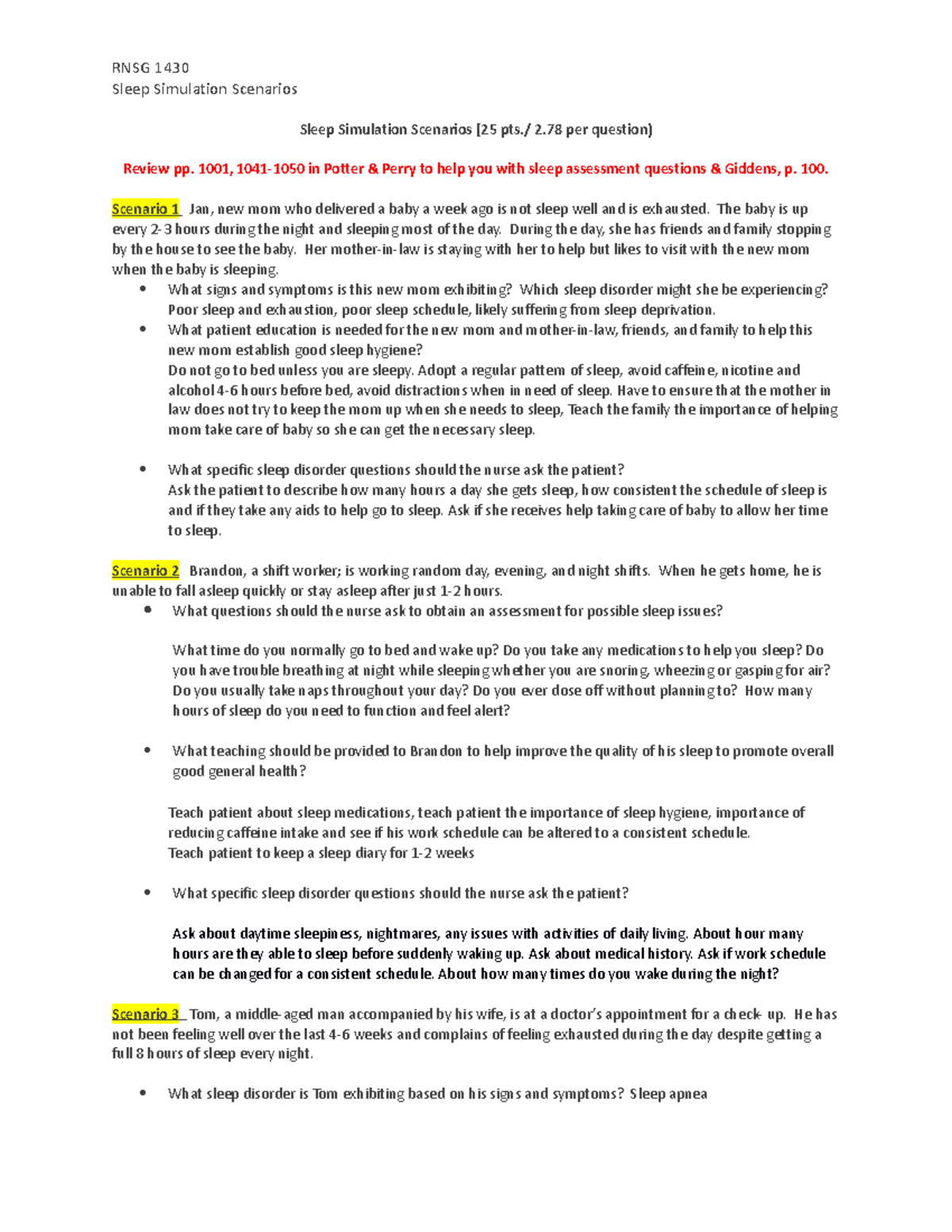 Sleep simulation - RNSG 1430 Sleep Simulation Scenarios Sleep ...