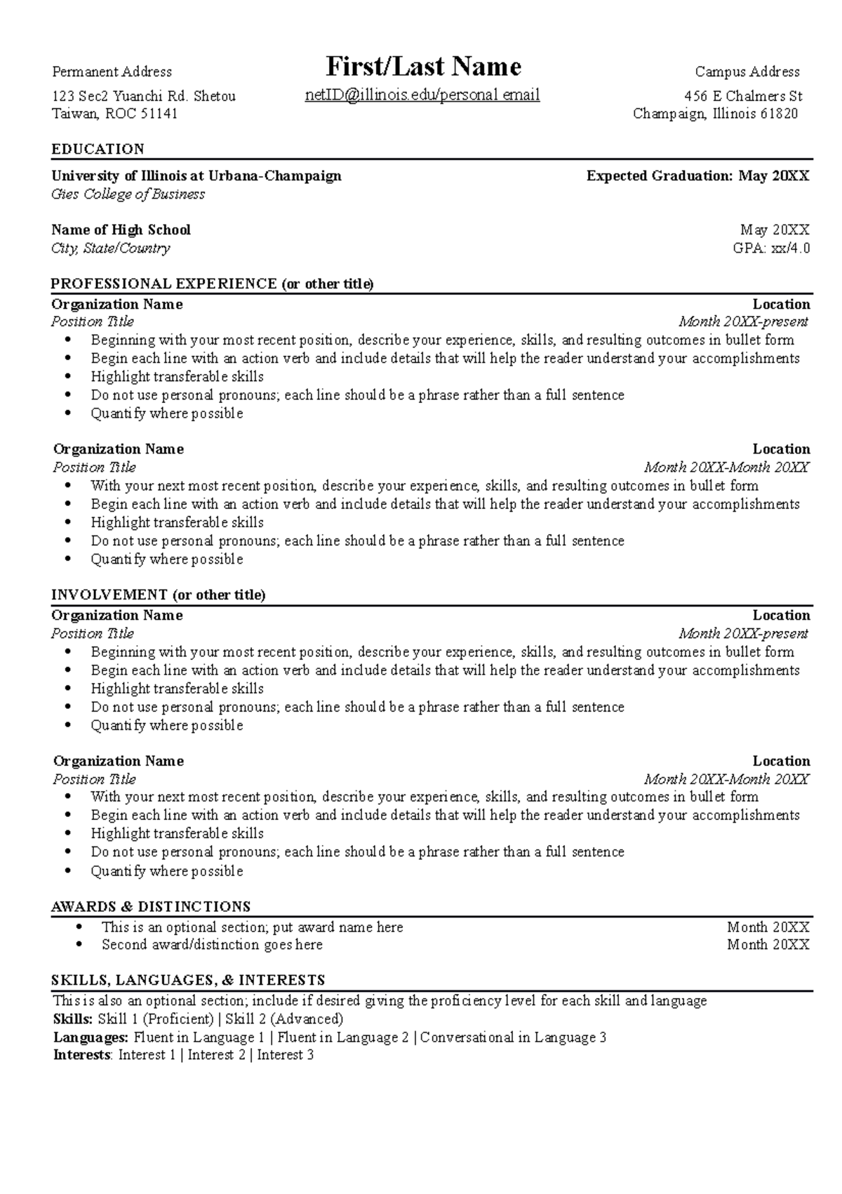 Freshman Template - Permanent Address First/Last Name Campus Address ...