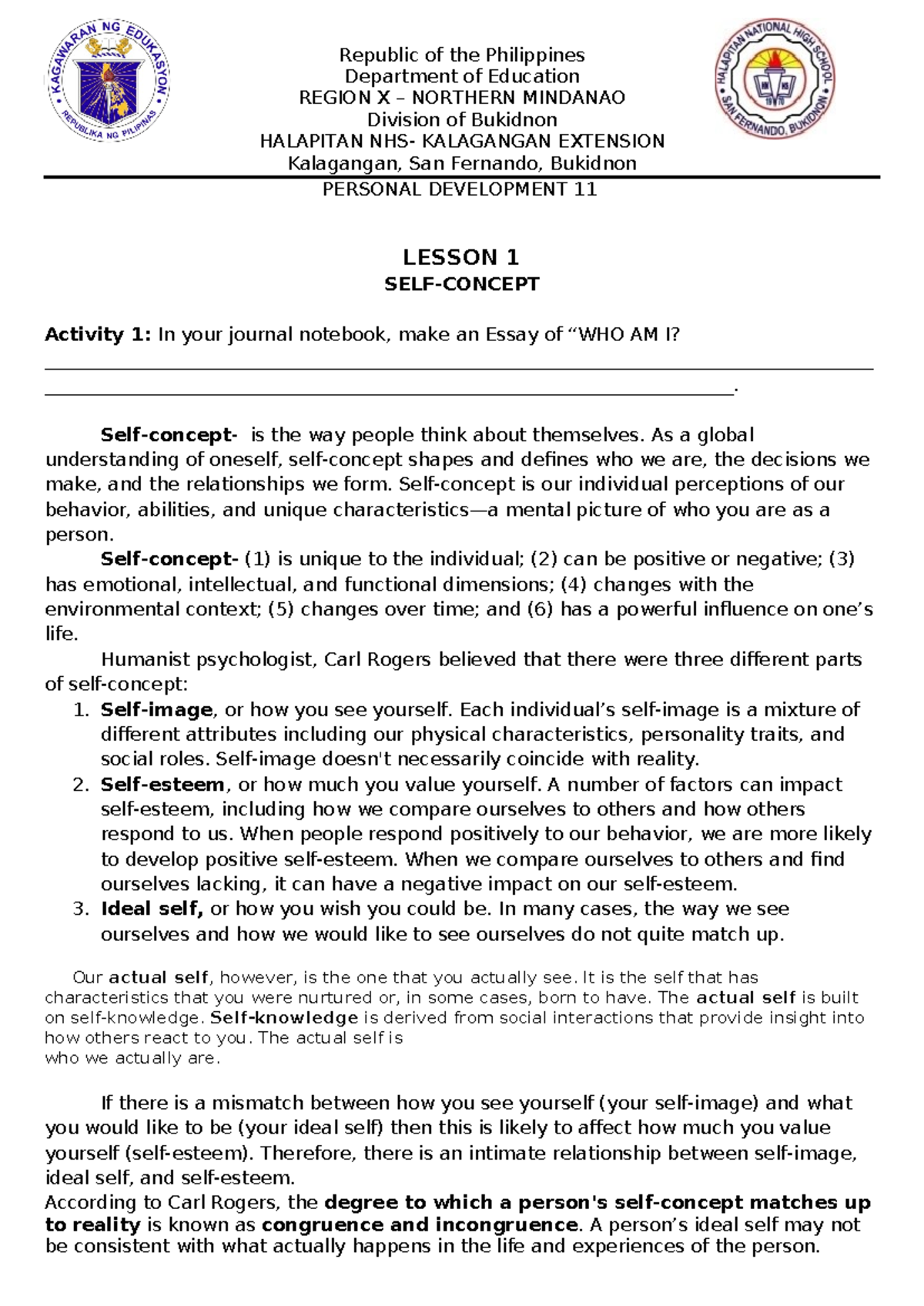 Modules Activity - First lesson in Personal Development - Republic of ...