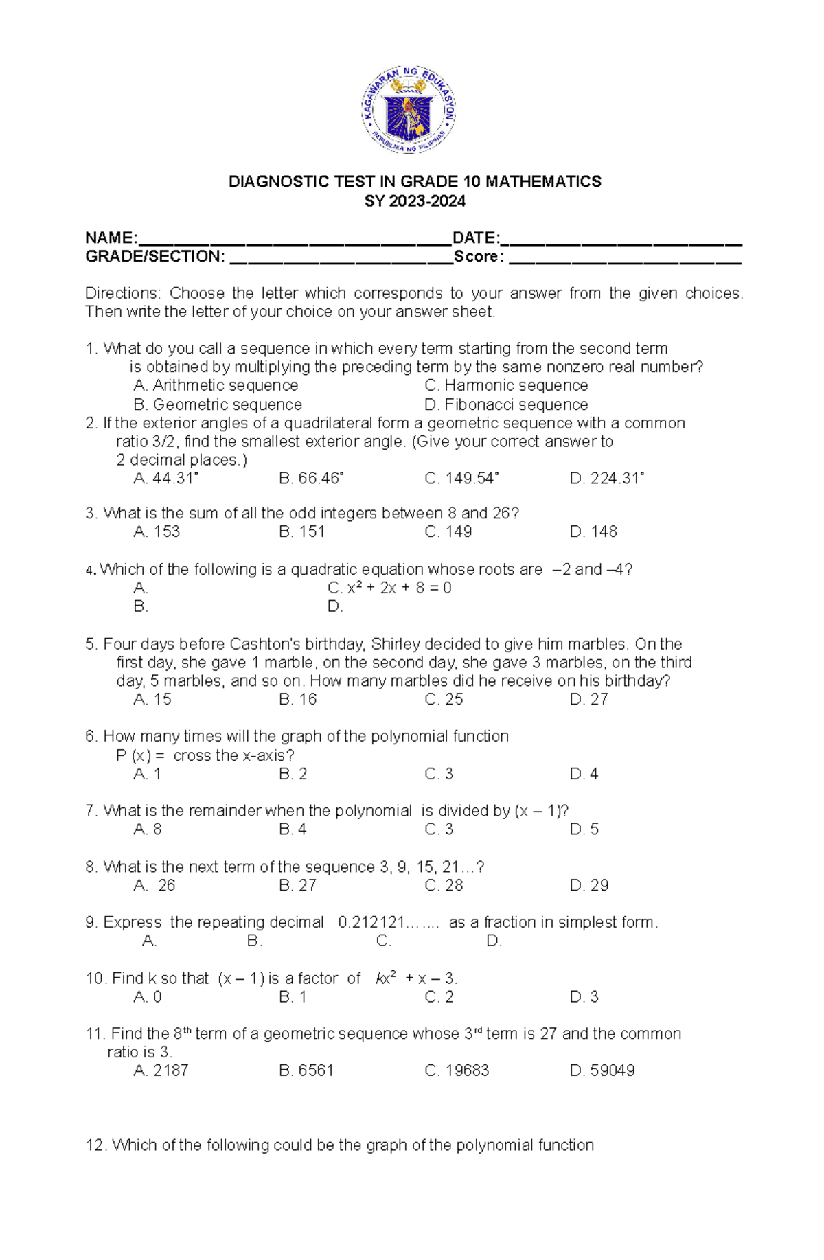 Mathematics 10 Diagnostic TEST - DIAGNOSTIC TEST IN GRADE 10 ...