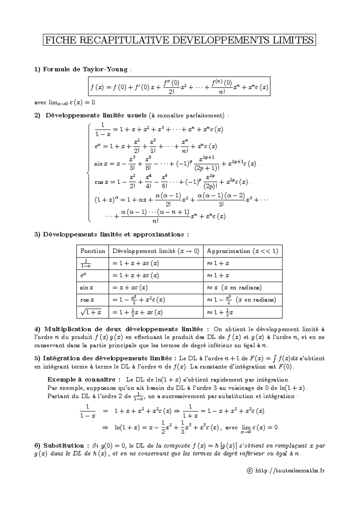 Fiche Récapitulative Développements Limités Fiche Recapitulative Developpements Limites 