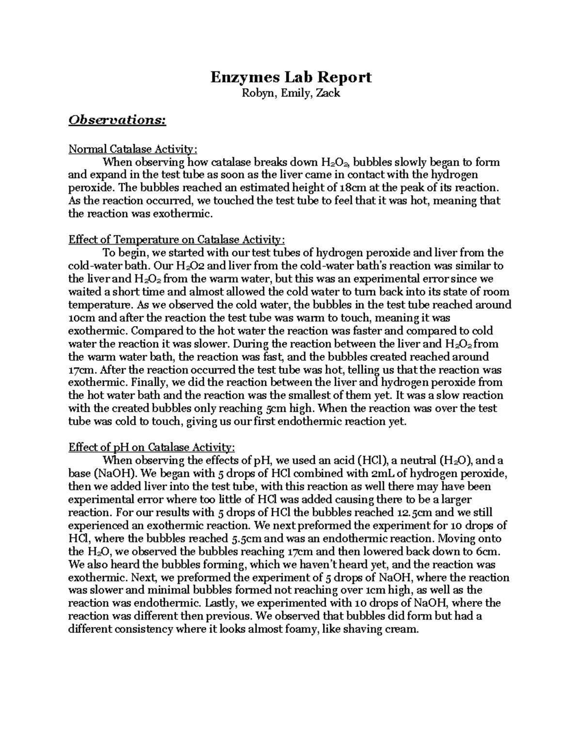 Enzyme Lab Report Miller Enzymes Lab Report Robyn, Emily, Zack