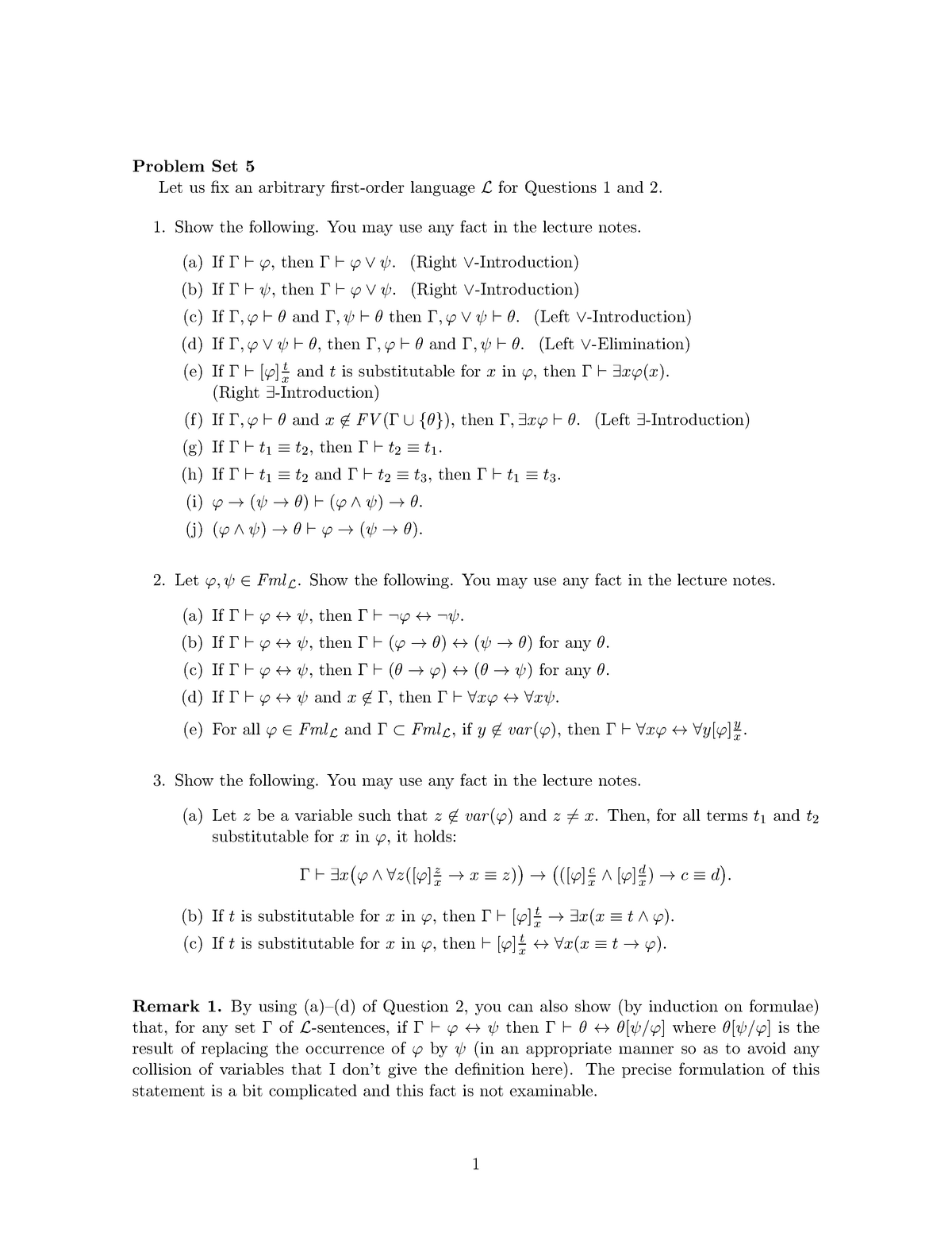 All Problem Sheets Problem Set Let Us Fix An Arbitrary First Order Languagelfor Questions And Show The Following You May Use Any Fact In The Lecture Notes If Studocu