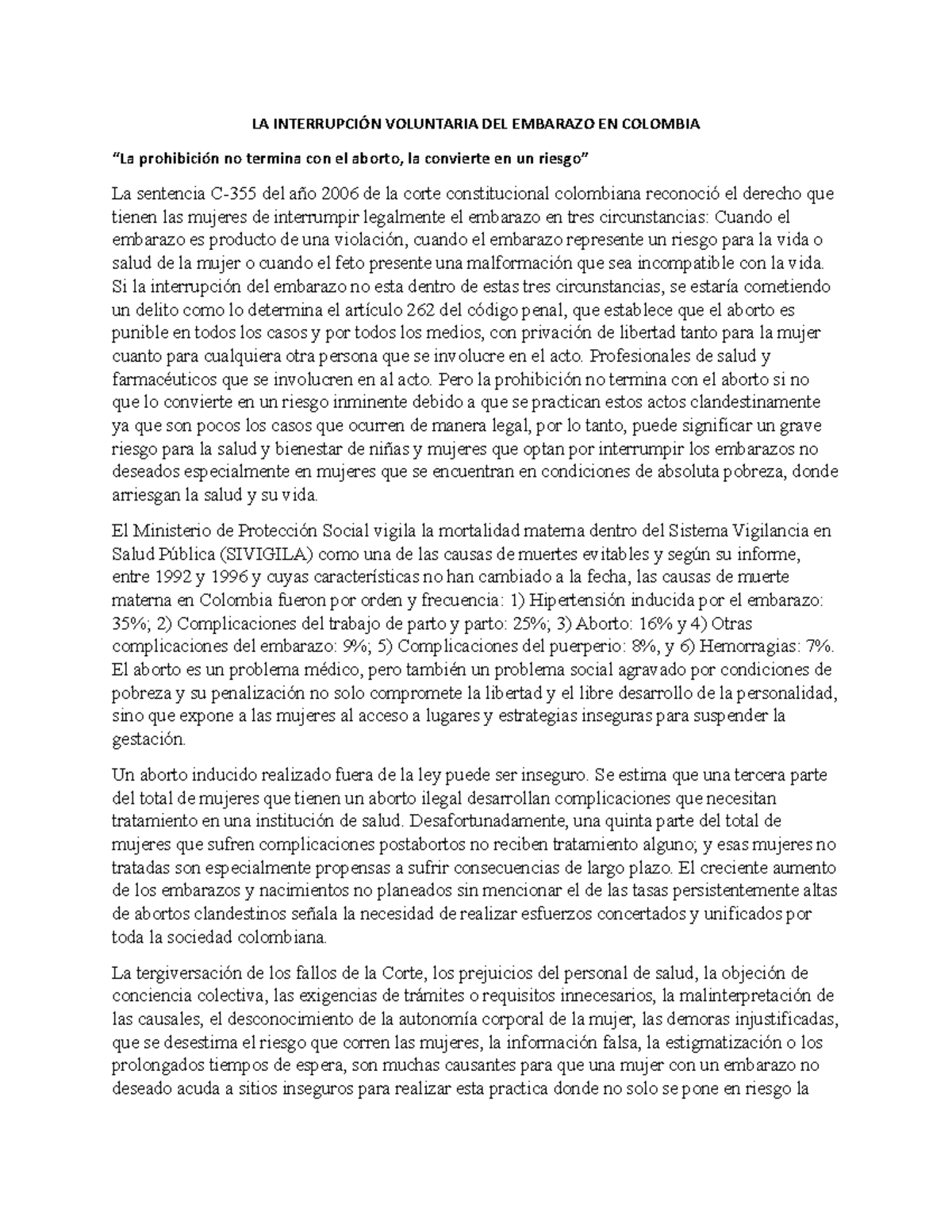 LA Interrupción Voluntaria DEL Embarazo EN Colombia LA INTERRUPCIÓN