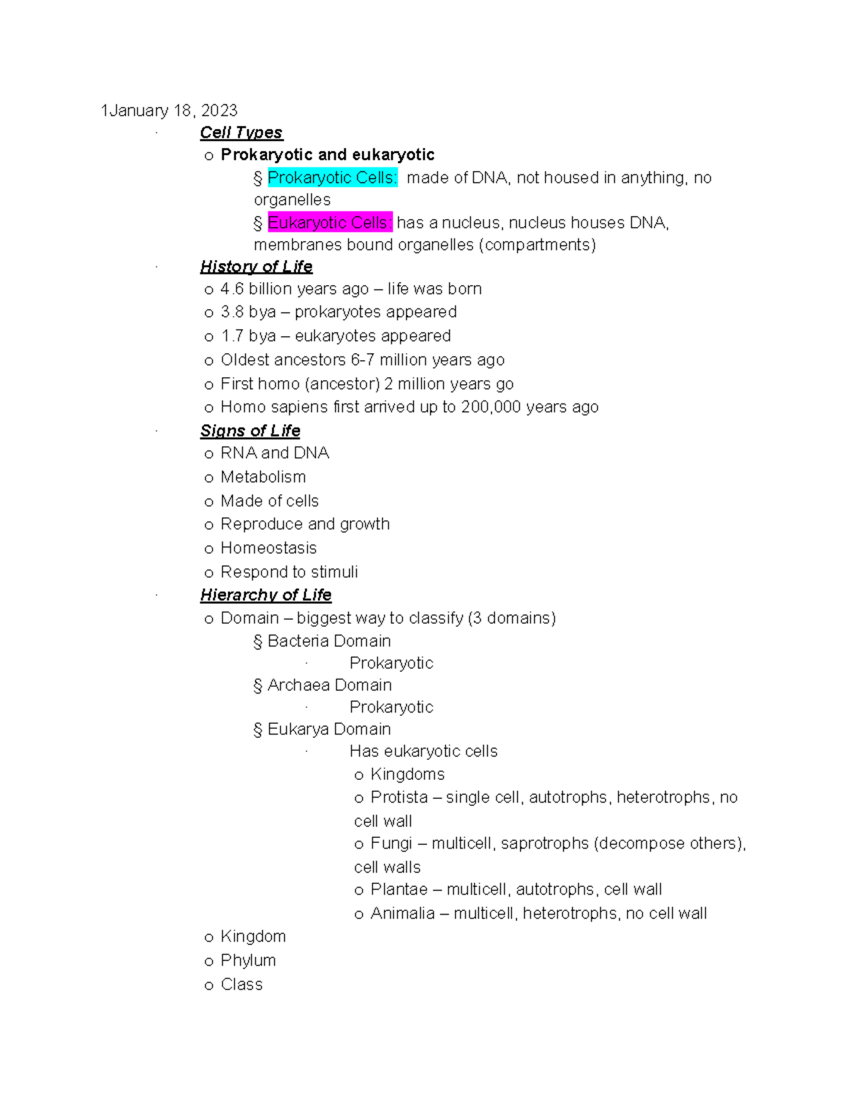 Bios notes - 1January 18, 2023 · Cell Types o Prokaryotic and ...