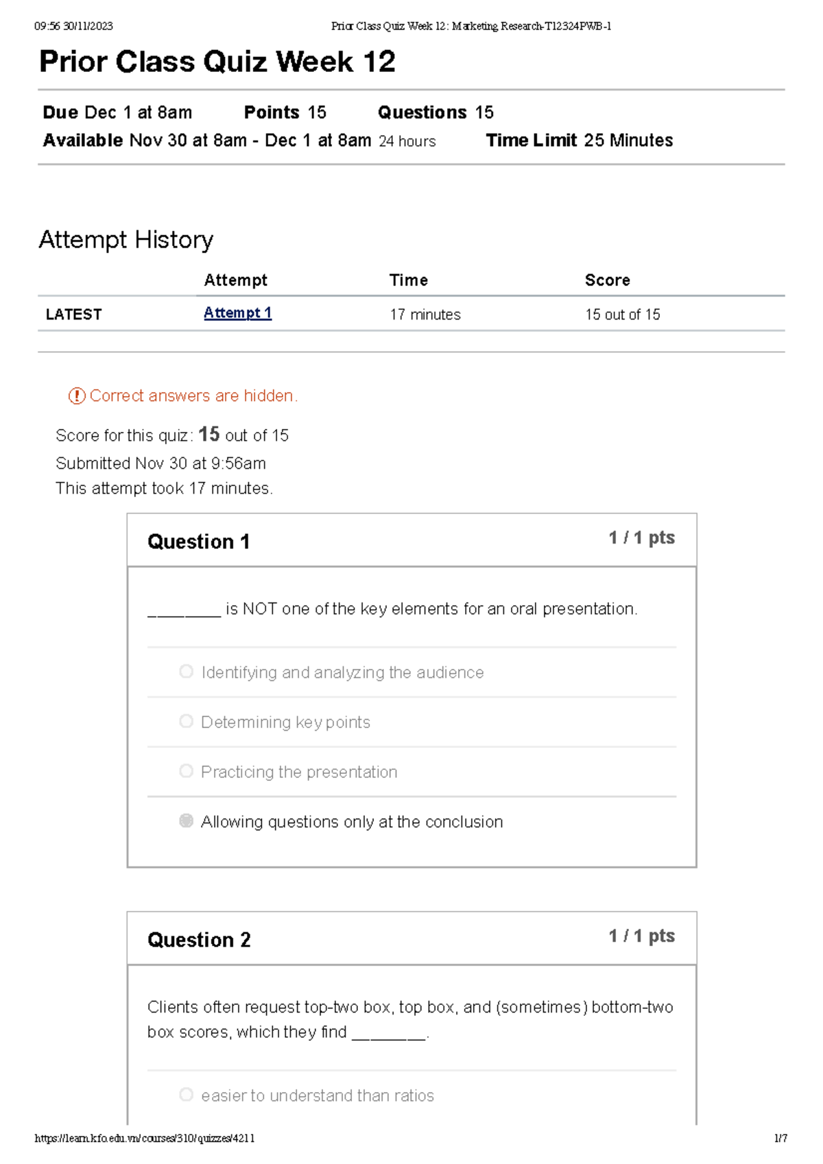 Prior Class Quiz Week 12 Marketing Research T12324 Pwb 1 Prior Class Quiz Week 12 Due Dec 1 1270