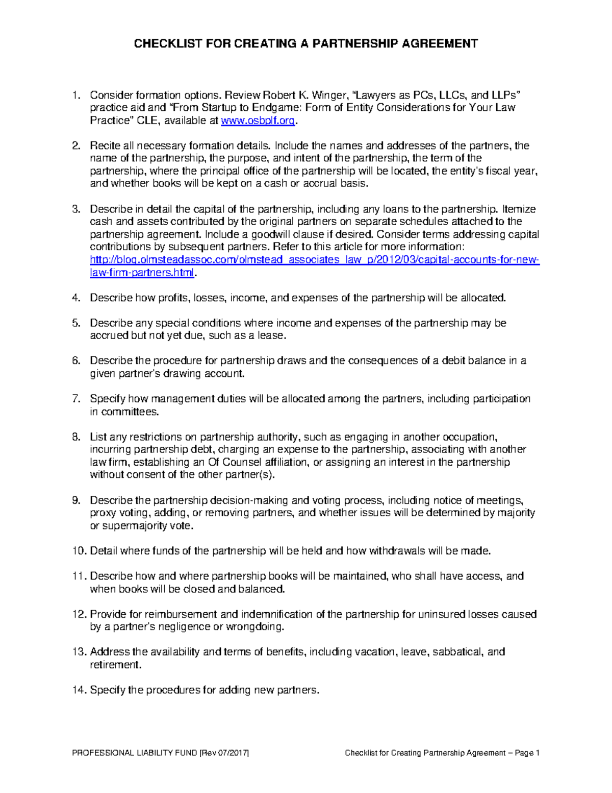 Checklist for Creating Partnership Agreement - Review Robert K. Winger ...