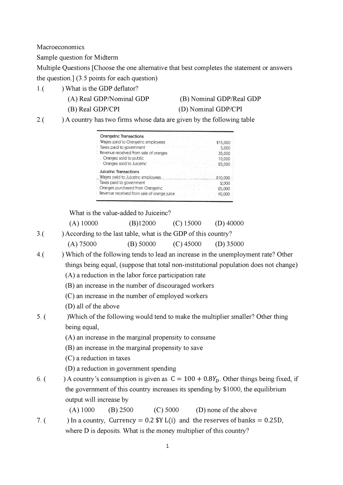 Sample-Q-Midterm - solution - Macroeconomics Sample question for ...